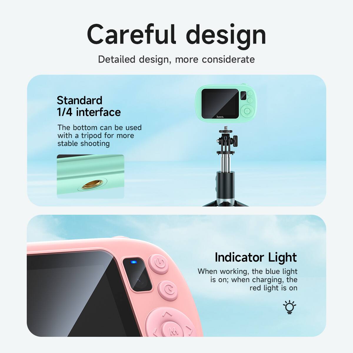 Careful design  
Detailed design, more considerate  

Standard 1/4 interface  
The bottom can be used with a tripod for more stable shooting  

Indicator Light  
When working, the blue light is on; when charging, the red light is on