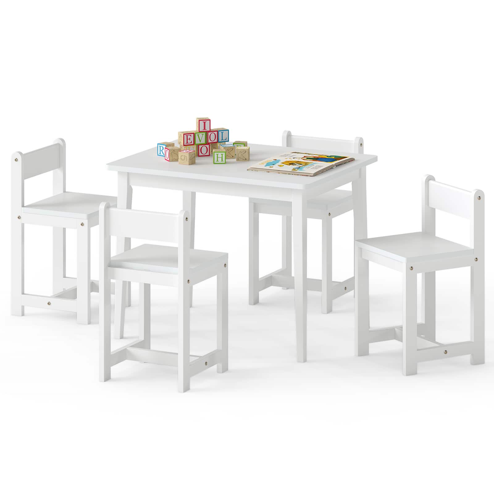 Gymax - 5-Piece Kids Table and Chairs Set Solid Rubber Wood Toddler Activity Table - White