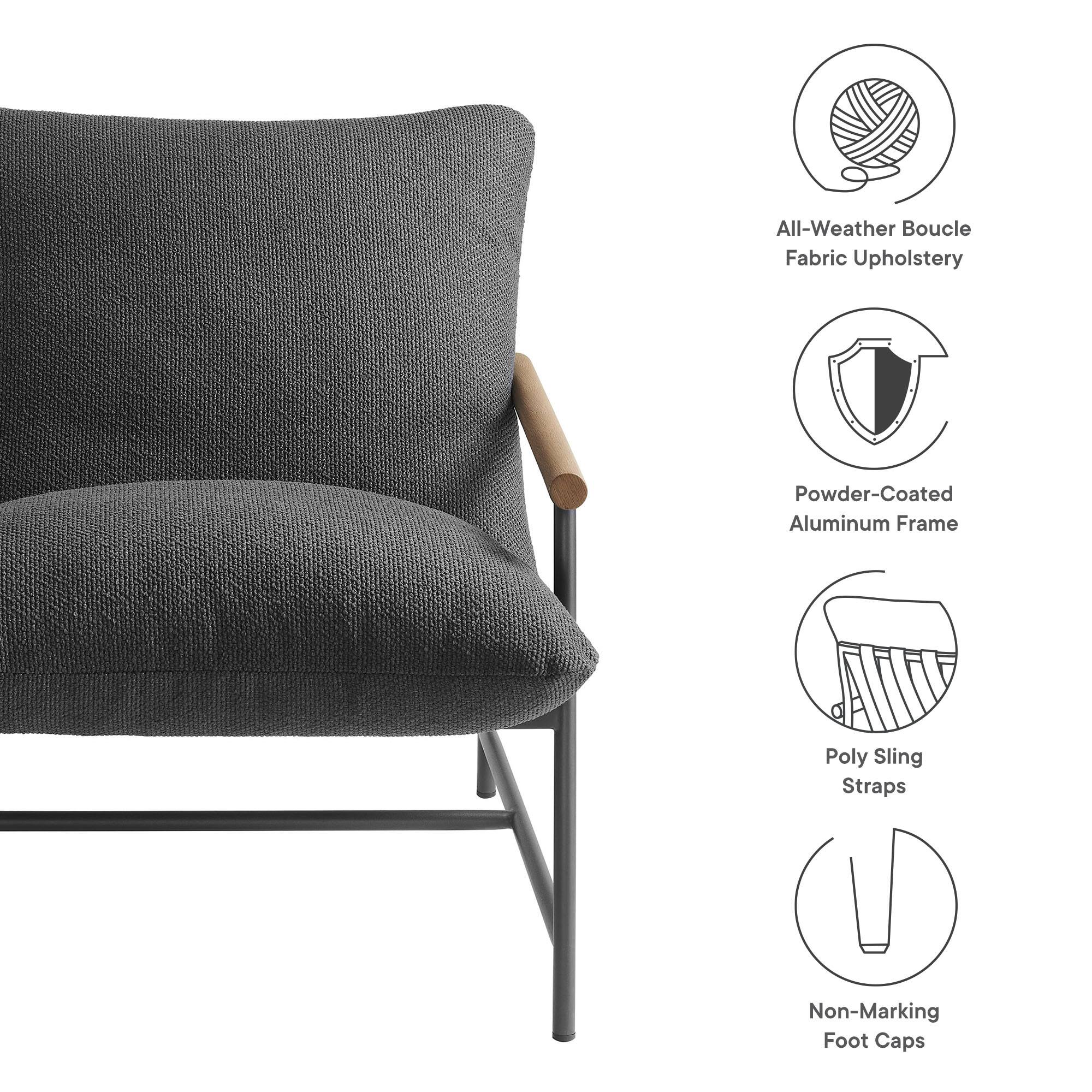 All-Weather Boucle Fabric Upholstery  
Powder-Coated Aluminum Frame  
Poly Sling Straps  
Non-Marking Foot Caps