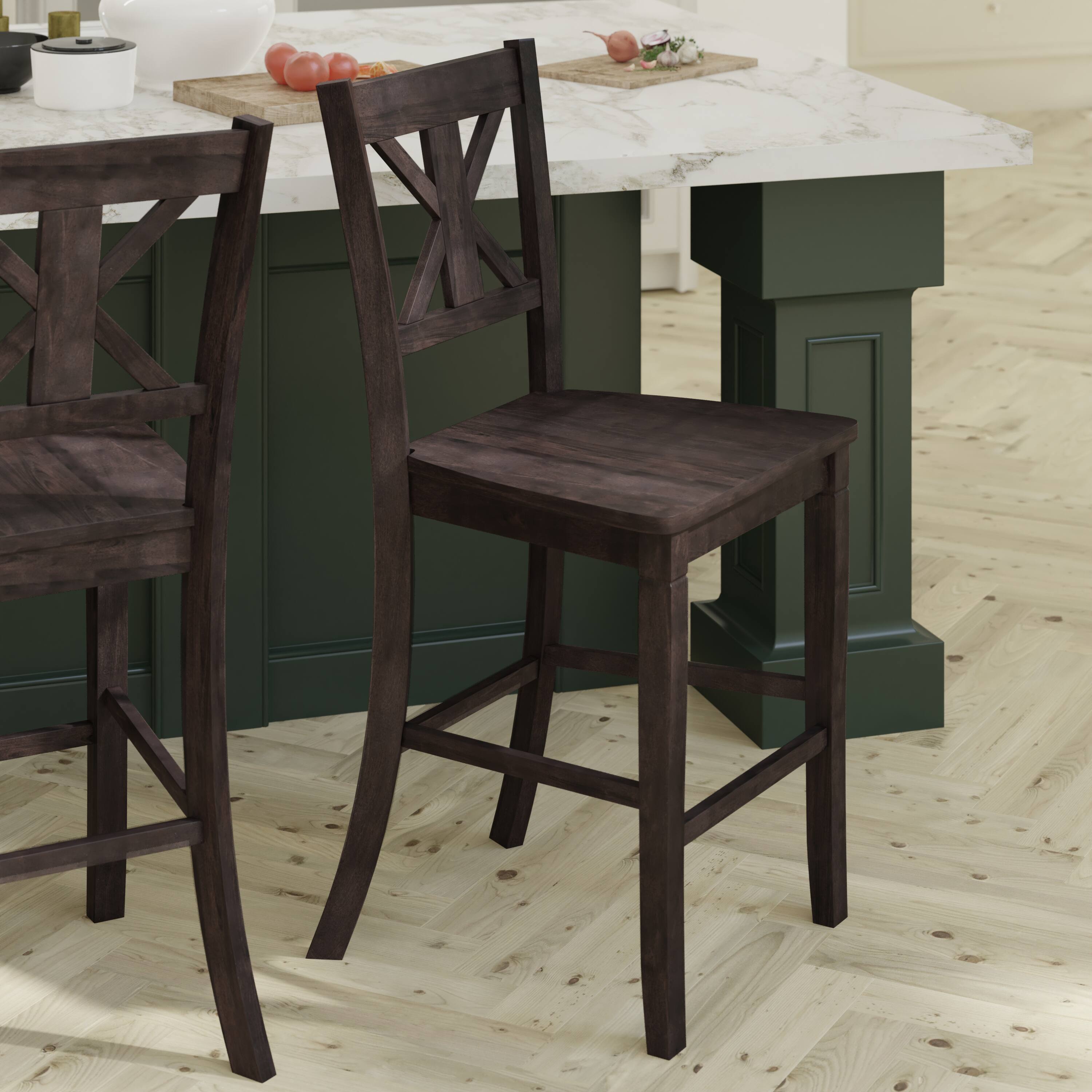 Alt View 4. Emma + Oliver - Lara Set of 2 Wooden Modern Farmhouse Bar Height Dining Stool with Decorative Carved Backrest and Wood Seat - Gray Wash Walnut.