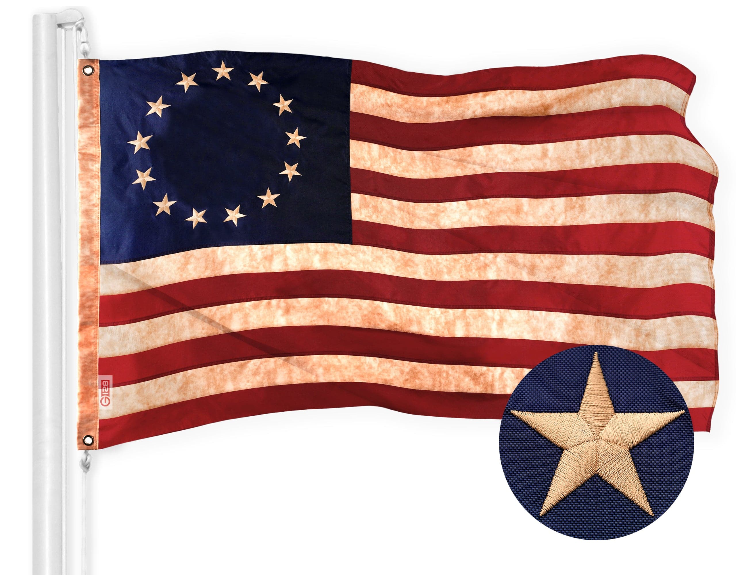 G128 - Betsy Ross Tea-Stained 4x6 ft Embroidered Polyester Flag, Sewn Stripes - Assorted Colors