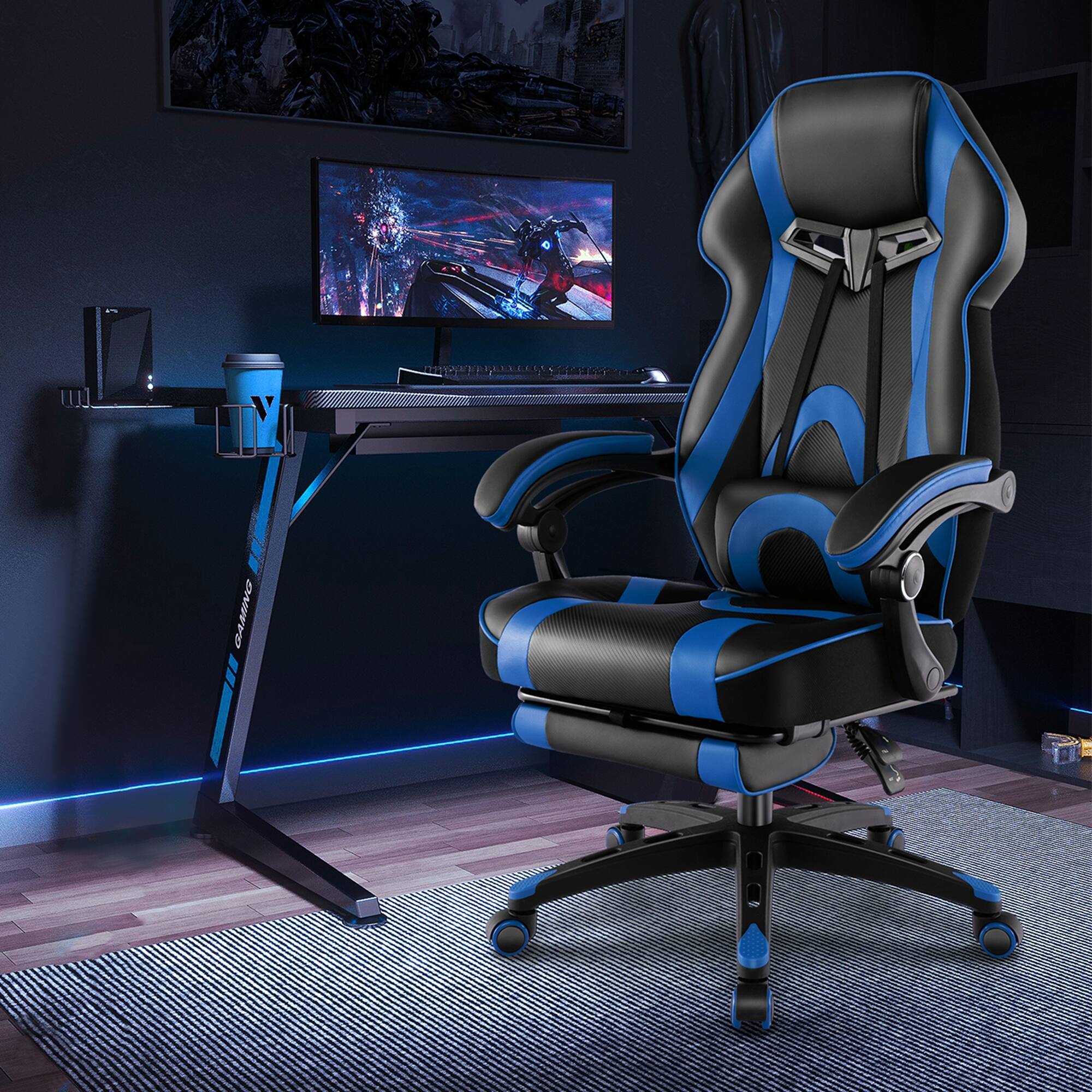 Alt View 2. Costway - Costway Adjustable E-Sports Racing Style Chair with Padded Headrest, Lumbar Support - Black + Blue.