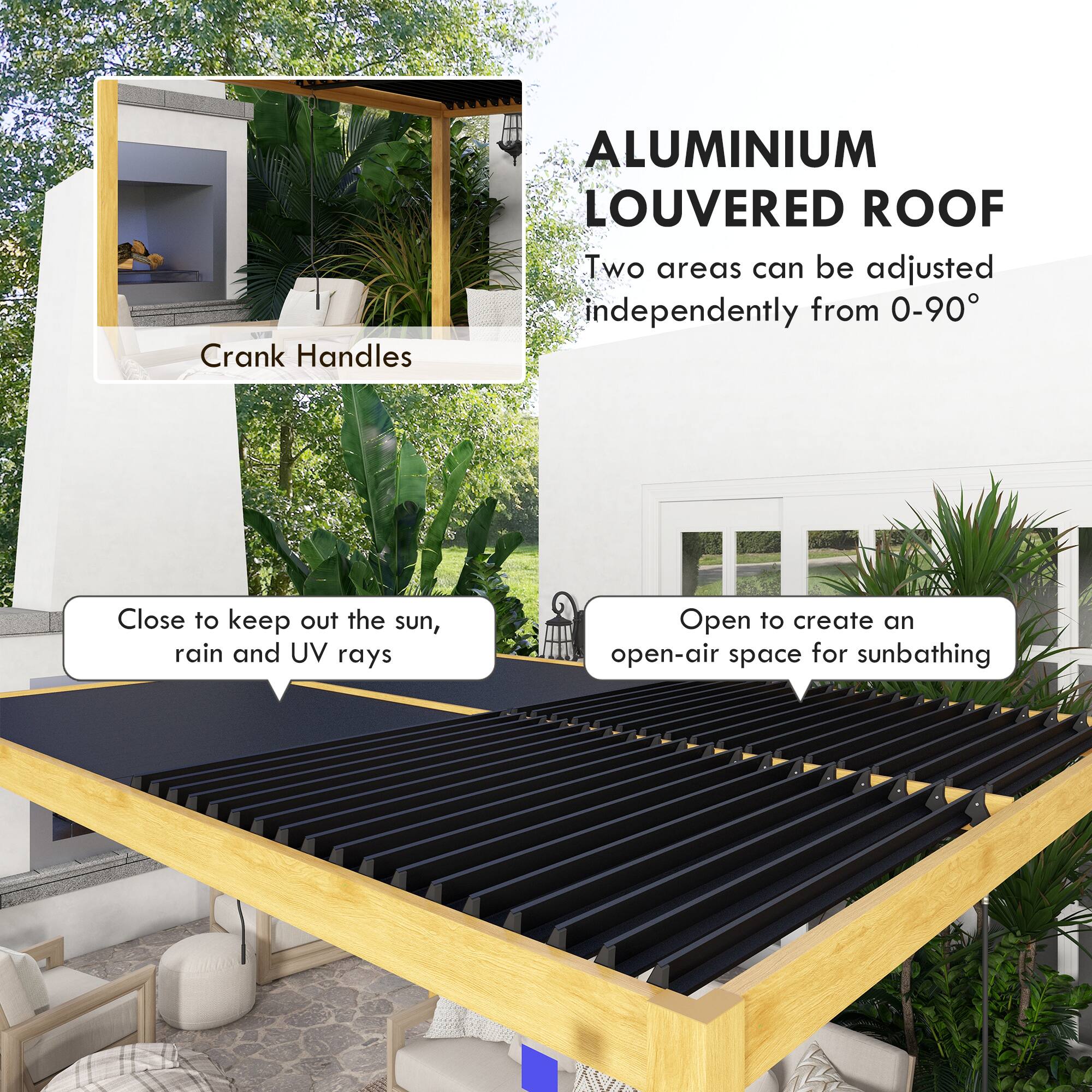 ALUMINIUM LOUVERED ROOF, Two areas can be adjusted independently from 0-90, Close to keep out the sun, rain and UV rays, Open to create an open-air space for sunbathing, Crank Handles