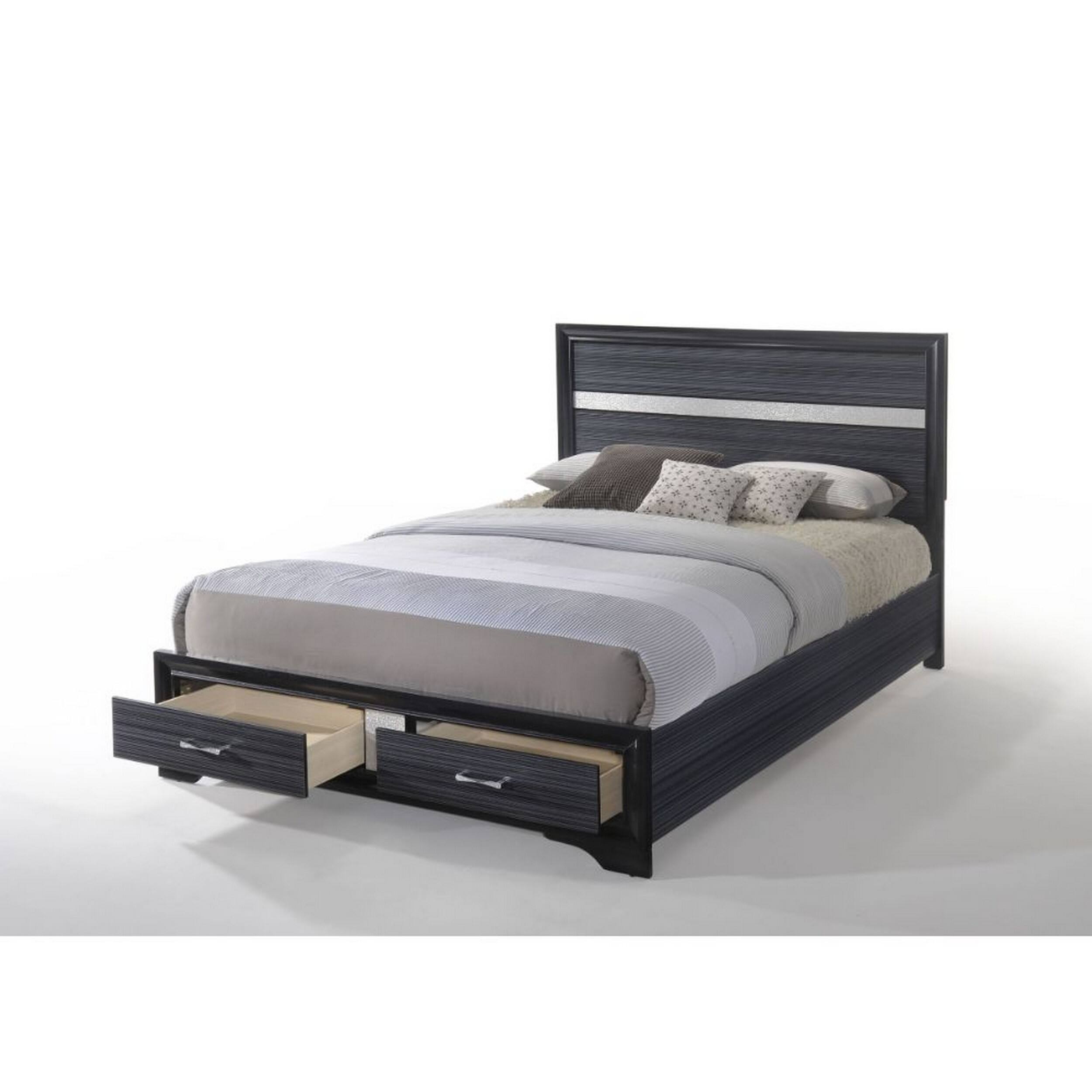 Alt View 2. Manhattan Lane - Nae Queen Size Bed, Rubberwood, Gray, Textured, Shimmery Acrylic Trim - Black, Gray, Silver.