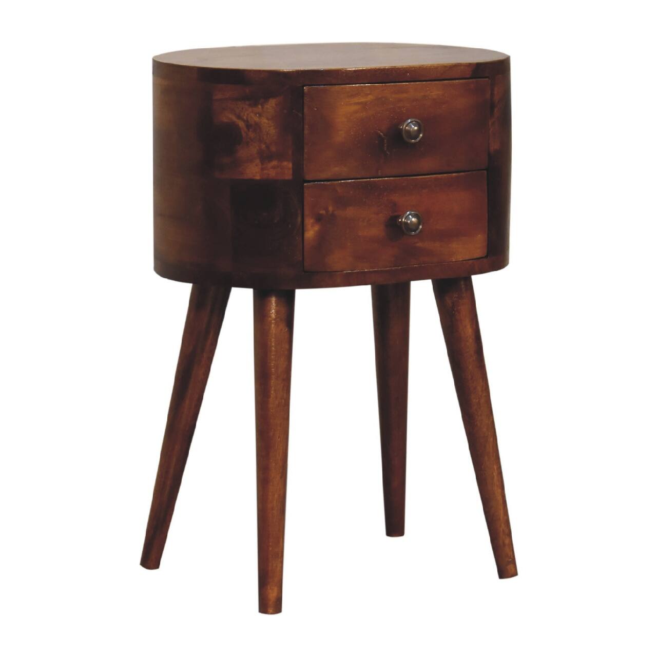 Back. Artisan Furniture - Artisan Furniture Solid Wood Mini Chestnut Rounded Nightstand Table, 2 Drawers, Nordic Legs, Dark Brown - Chestnut.