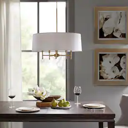 Loheer - 5 Light Chandelier with White Drum Shade, Adjustable Plated Brass Fixture