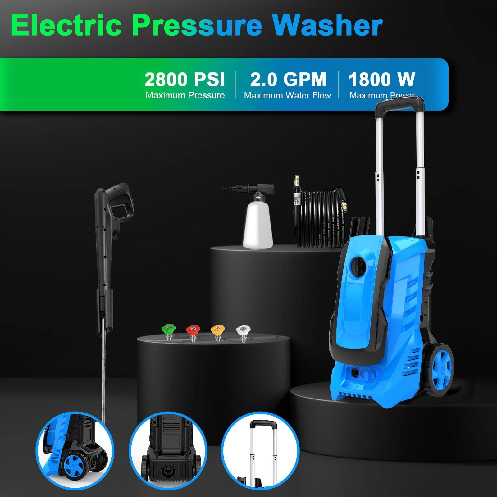 Electric Pressure Washer 2800 PSI 2.0 GPM 1800 W Maximum Pressure Maximum Water Flow Maximum Power