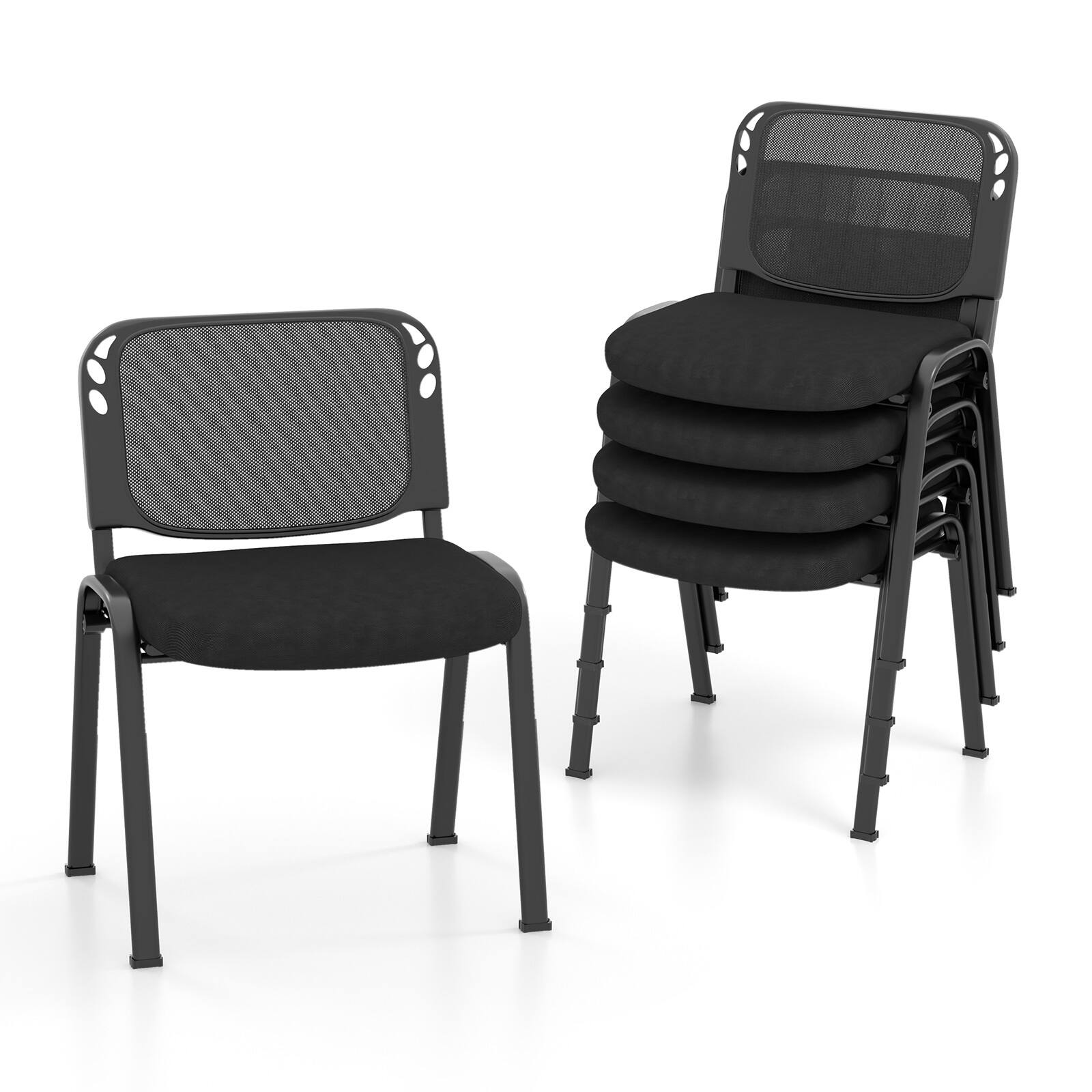 Left. WELLFOR - Set of 5 Stackable Conference Chairs with Mesh Back - Black.