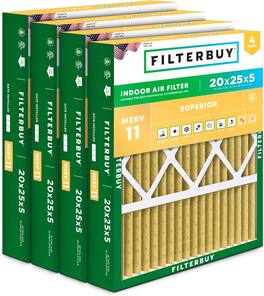 Filterbuy - 20x25x5 MERV 11 Pet & Allergy Defense, Pleated HVAC AC Furnace Air Filters Replacement for Honeywell & Lennox (4-Pack) - Gold