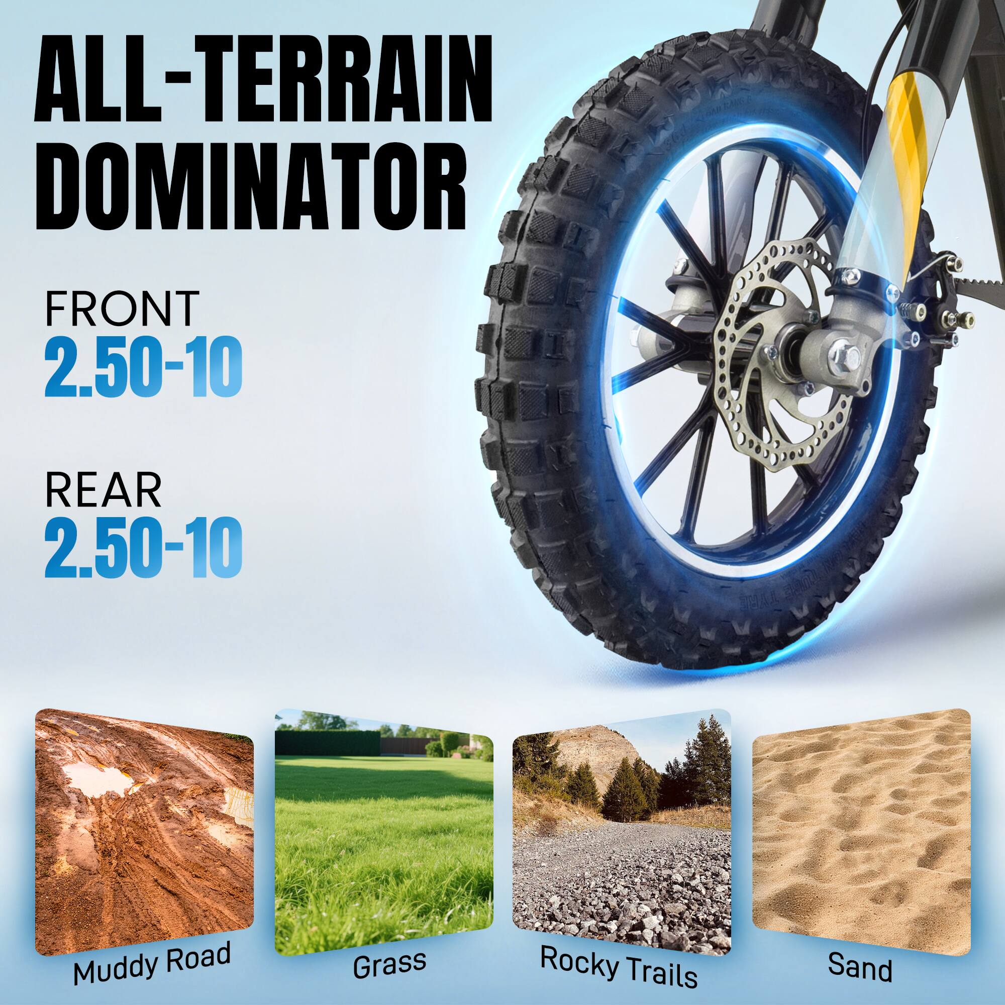 ALL-TERRAIN DOMINATOR  
FRONT 2.50-10  
REAR 2.50-10  

Muddy Road  
Grass  
Rocky Trails  
Sand
