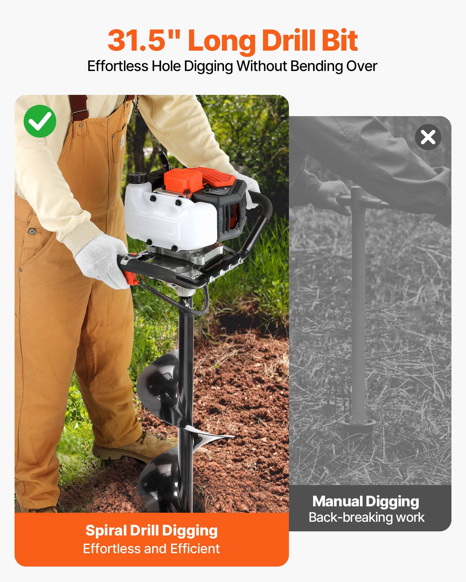 31.5" Long Drill Bit  
Effortless Hole Digging Without Bending Over  

Spiral Drill Digging  
Effortless and Efficient  

Manual Digging  
Back-breaking work