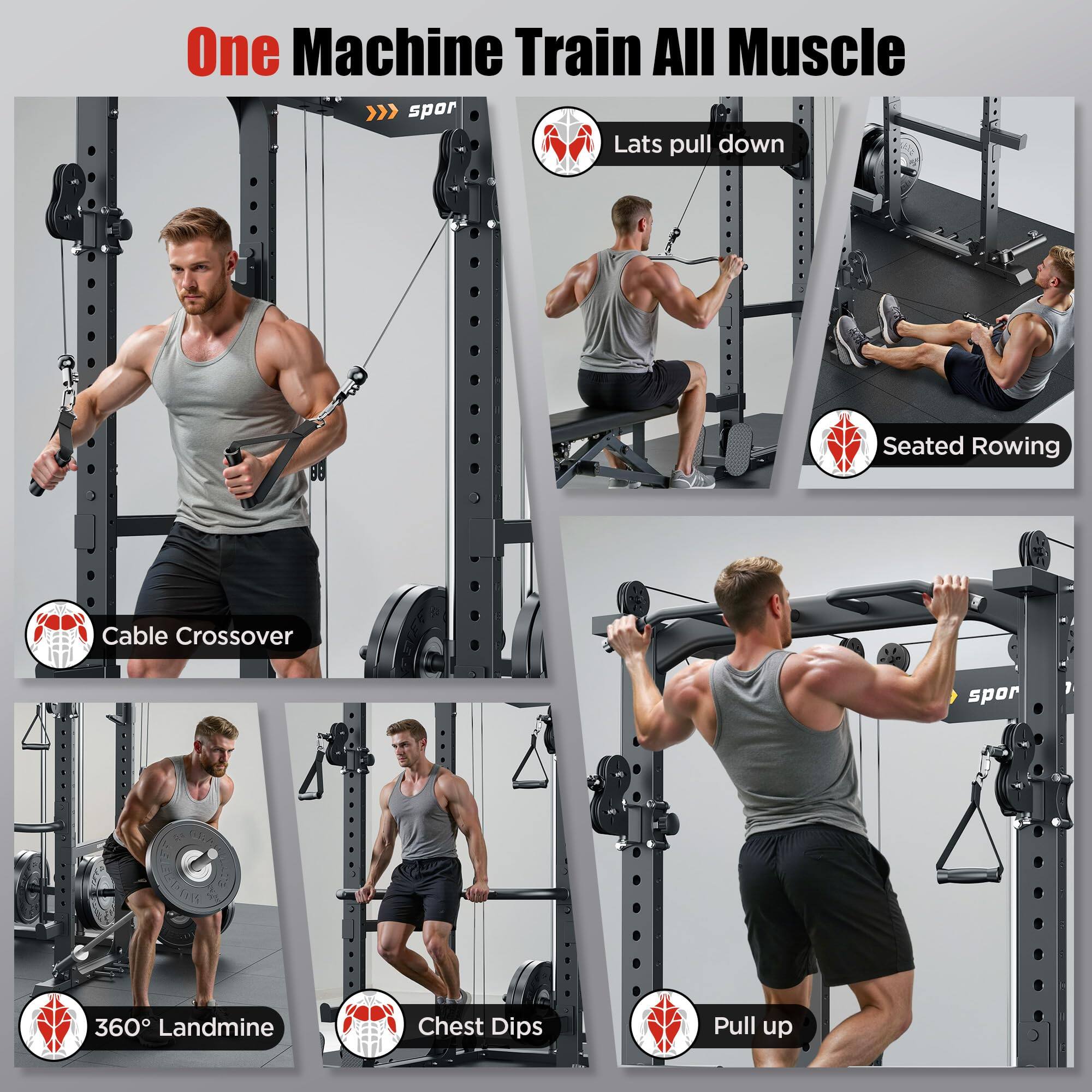 One Machine Train All Muscle

- Lats pull down
- Seated Rowing
- Cable Crossover
- 360° Landmine
- Chest Dips
- Pull up