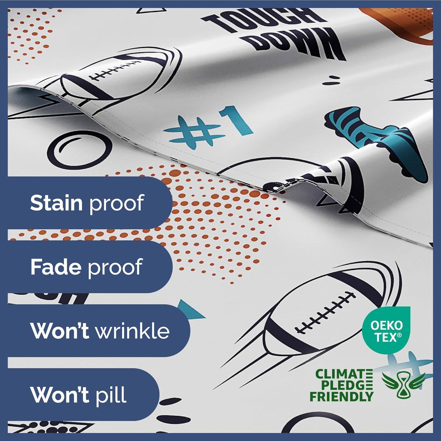 TOUGH DOWN #1  
Stain proof  
Fade proof  
Won't wrinkle  
Won't pill  
CLIMATE PLEDGE FRIENDLY  
OEKO TEX
