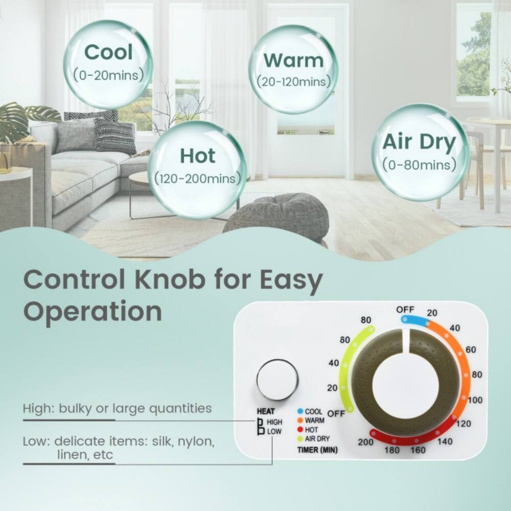 Cool (0-20mins)  
Warm (20-120mins)  
Hot (120-200mins)  
Air Dry (0-80mins)  

Control Knob for Easy Operation  

High: bulky or large quantities  
Low: delicate items: silk, nylon, linen, etc  

HEAT  
COOL  
OFF  
HIGH  
WARM  
LOW  
HOT  
AIR DRY  

TIMER (MIN)  
0 20 40 60 80 100 120 140 160 180 200