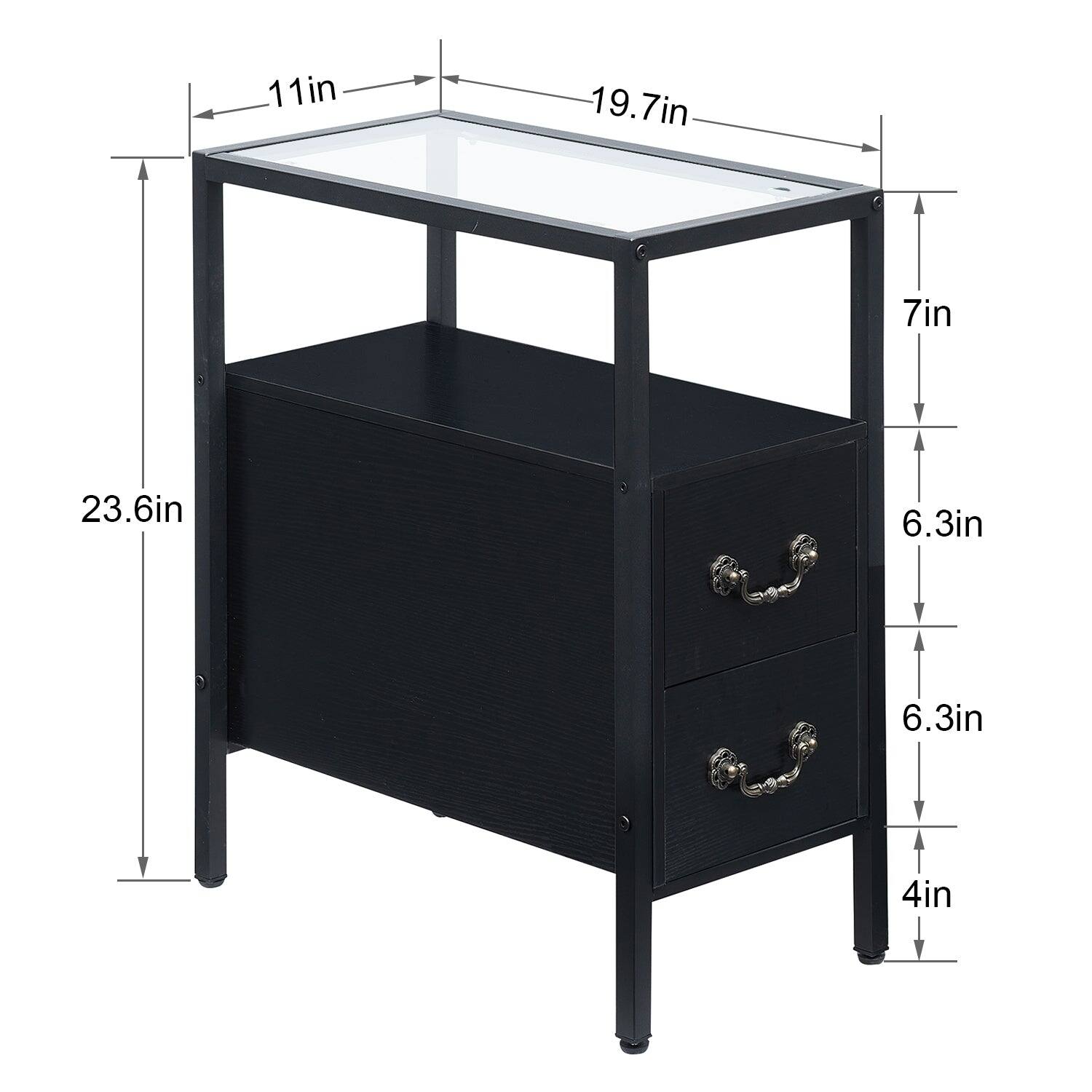 - Width: 19.7 in
- Depth: 11 in
- Height: 23.6 in
- Glass shelf height: 7 in
- Drawer height: 6.3 in
- Drawer depth: 6.3 in
- Drawer width: 4 in