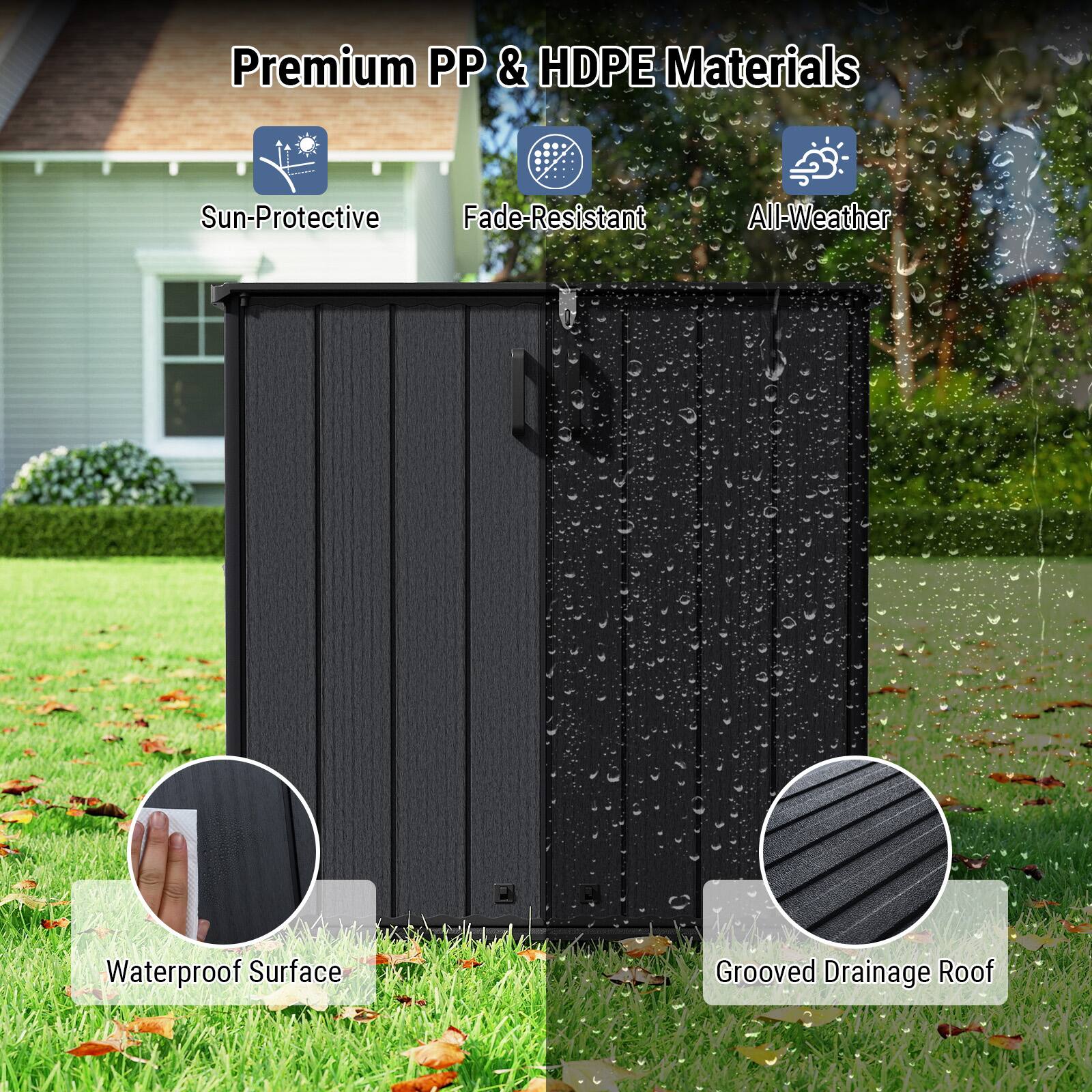 Premium PP & HDPE Materials

- Sun-Protective
- Fade-Resistant
- All-Weather

Waterproof Surface

Grooved Drainage Roof