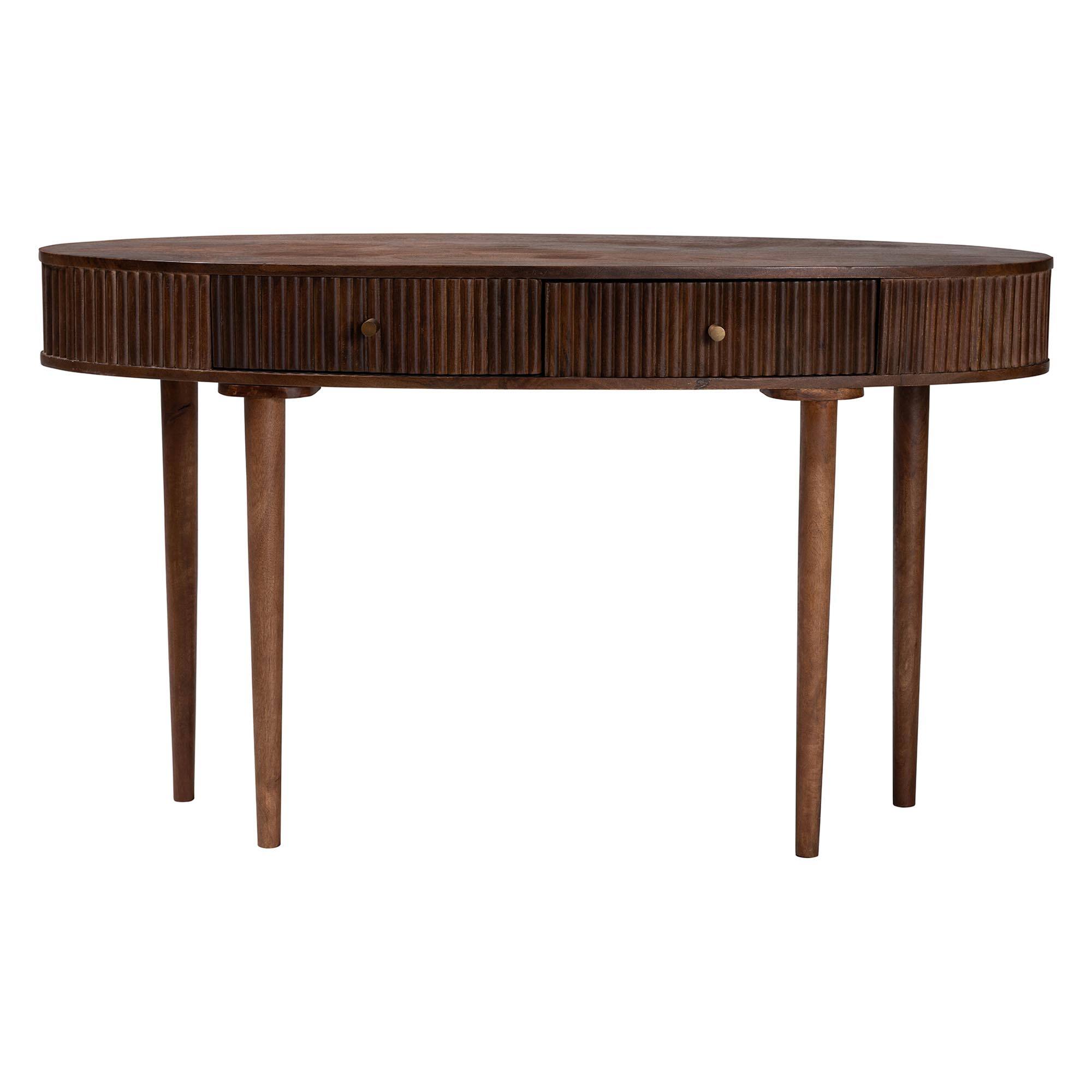 Left. Baxton Studio - Linore Fluted Wood Console Table - 2-Drawer Oval Accent Table for Living Room or Entryway - Dark Walnut Brown.