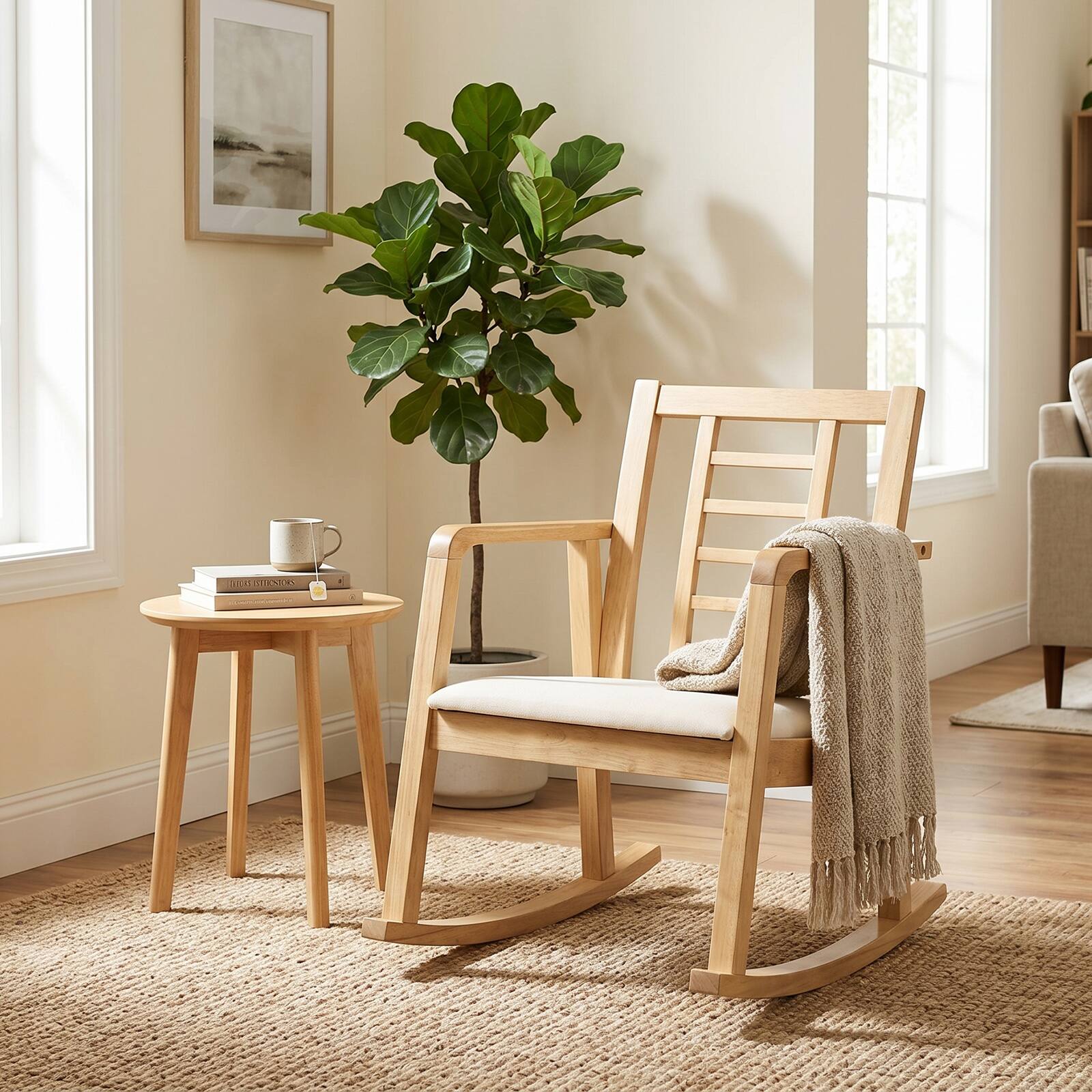 Alt View 3. Costway - Costway 1 PCS Wooden Rocking Chair 400 LBS Solid Rubber Wood Rocker with Fabric Upholstered Seat - Natural and Beige.