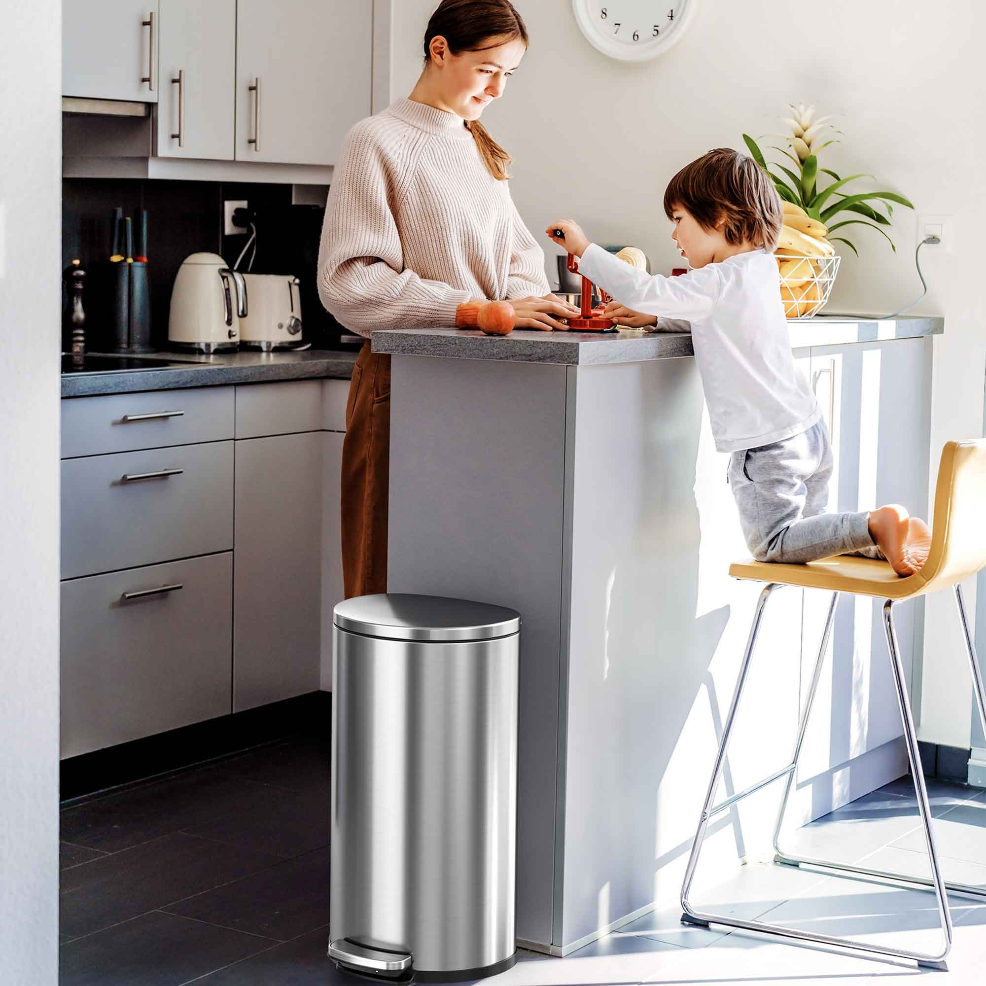 Back. iTouchless - 8 Gallon SoftStep Semi-Round Stainless Steel Step Kitchen Trash Can with AbsorbX Odor Filter - Silver.