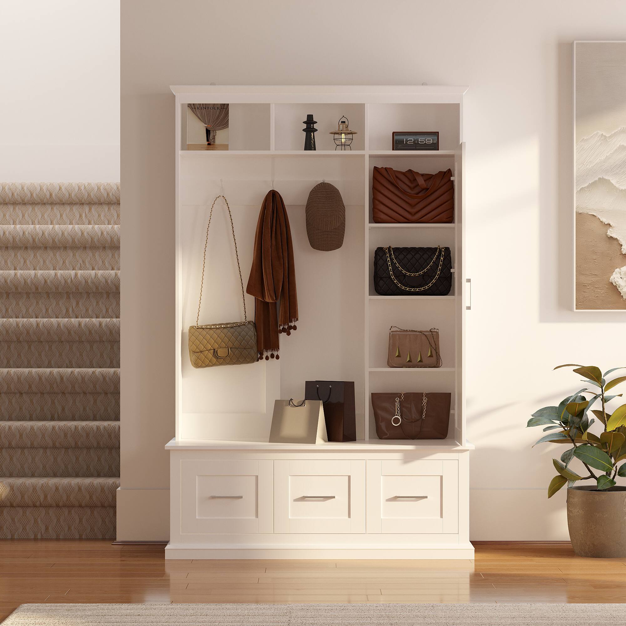 Left. FUFU&GAGA - Hall Tree with Mirror and Storage Bench Elegant Entryway Organizer with Coat Hooks and Shelves - White.