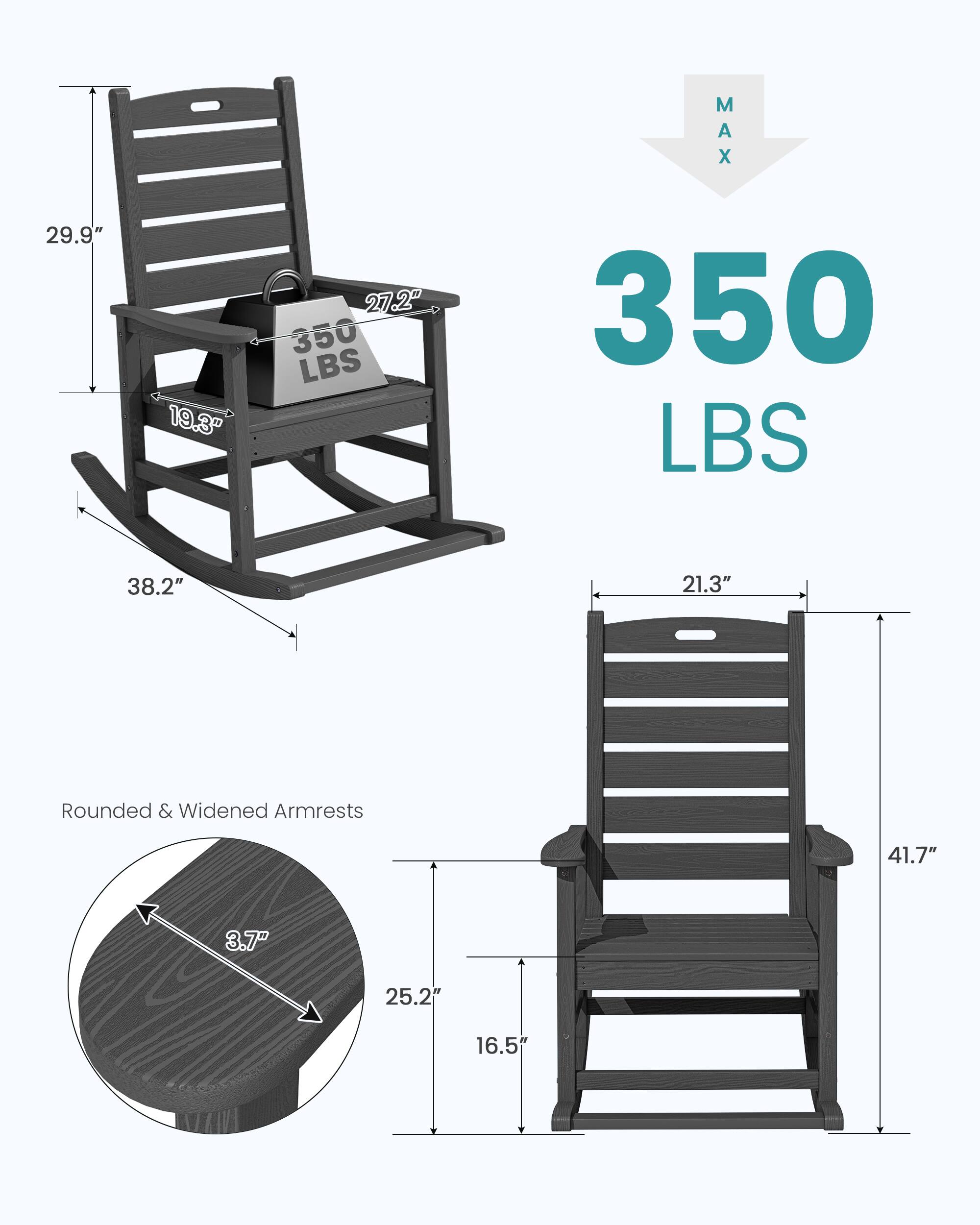 29.9"  
19.3"  
27.2"  
350 LBS  
38.2"  
21.3"  
Rounded & Widened Armrests  
41.7"  
3.7"  
25.2"  
16.5"