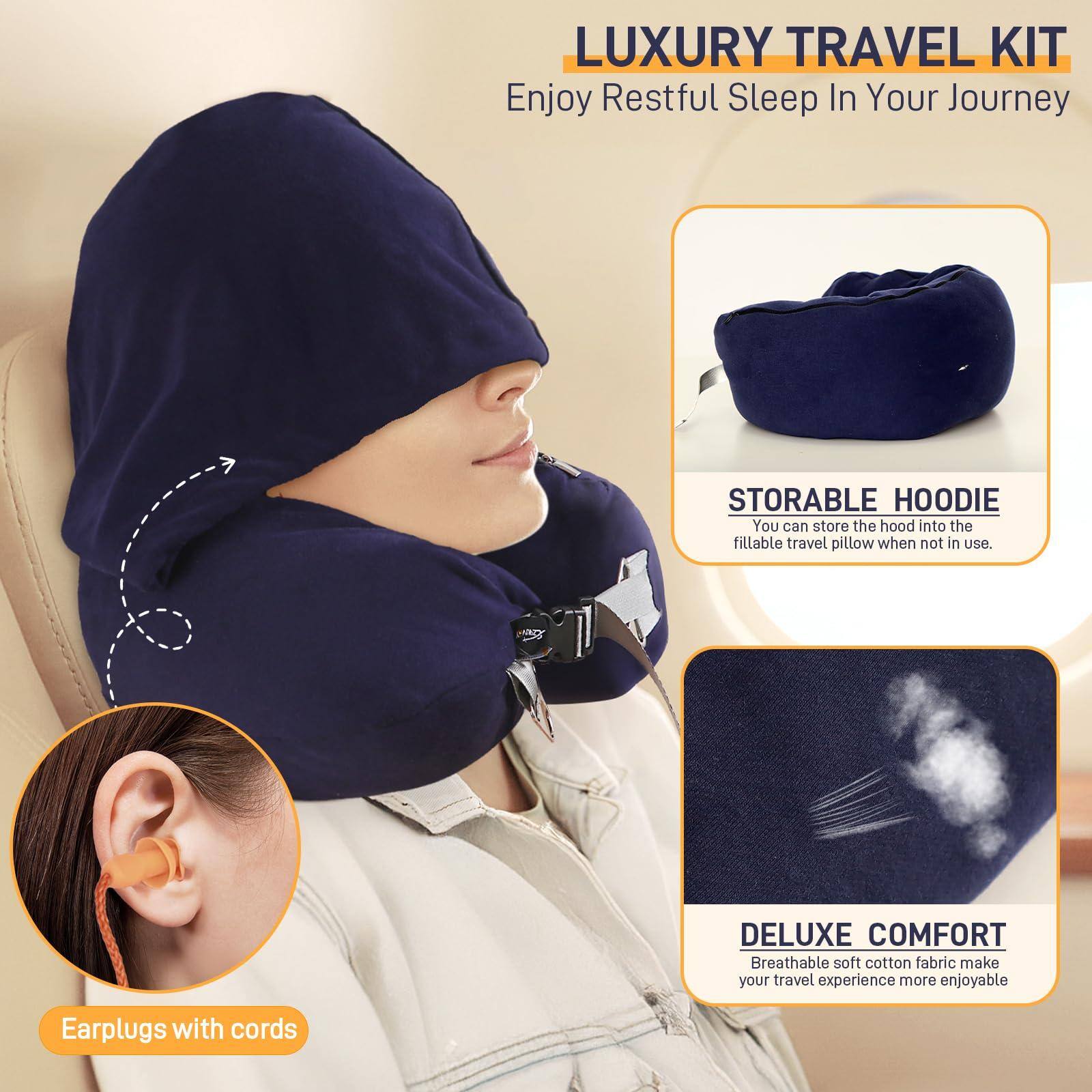 LUXURY TRAVEL KIT  
Enjoy Restful Sleep In Your Journey  

STORABLE HOODIE  
You can store the hood into the fillable travel pillow when not in use.  

DELUXE COMFORT  
Breathable soft cotton fabric make your travel experience more enjoyable  

Earplugs with cords
