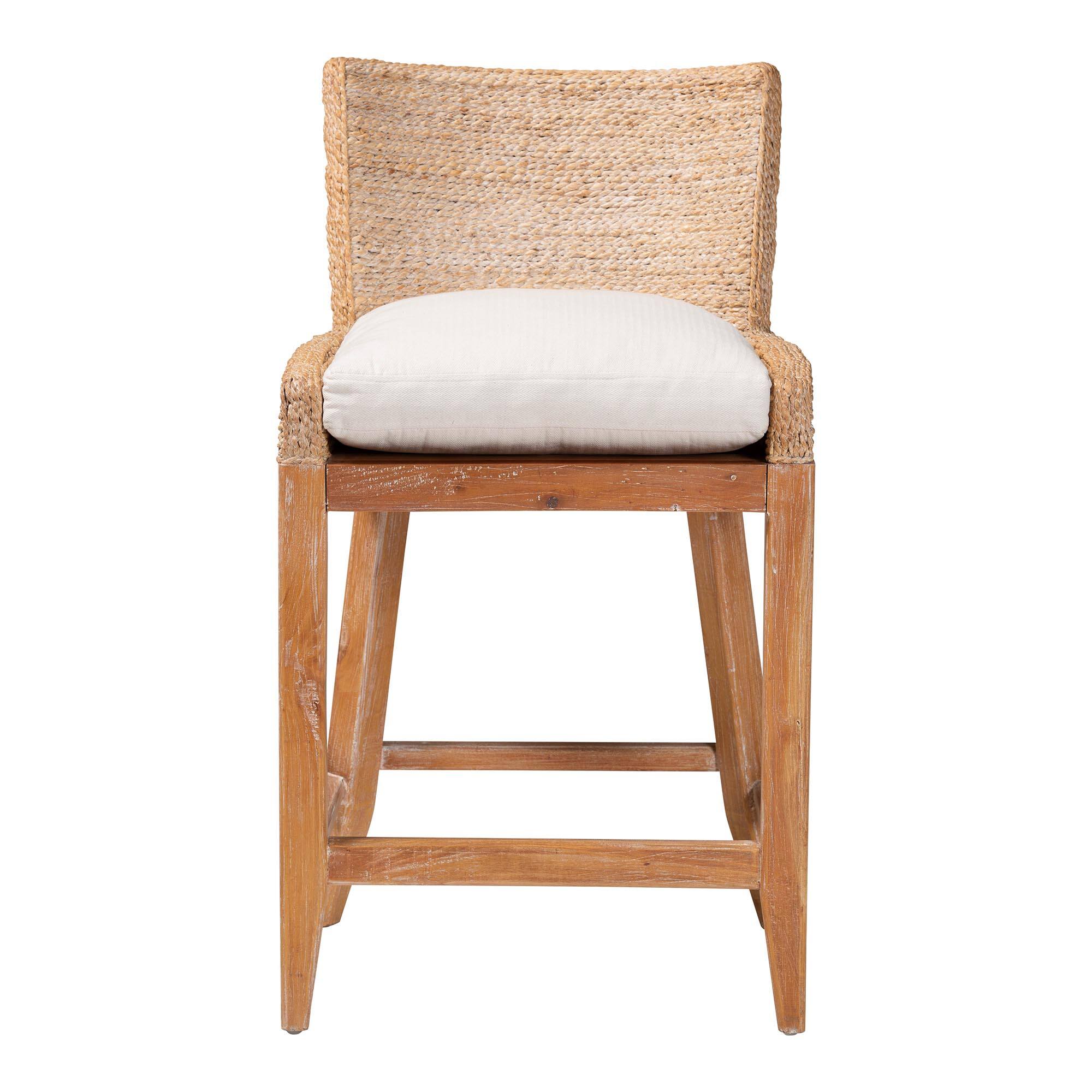 Angle. bali & pari - Ridley Seagrass Counter Stool with Mahogany Wood Frame - Seating with Woven Square Back and Cushioned Seat - White Wash.