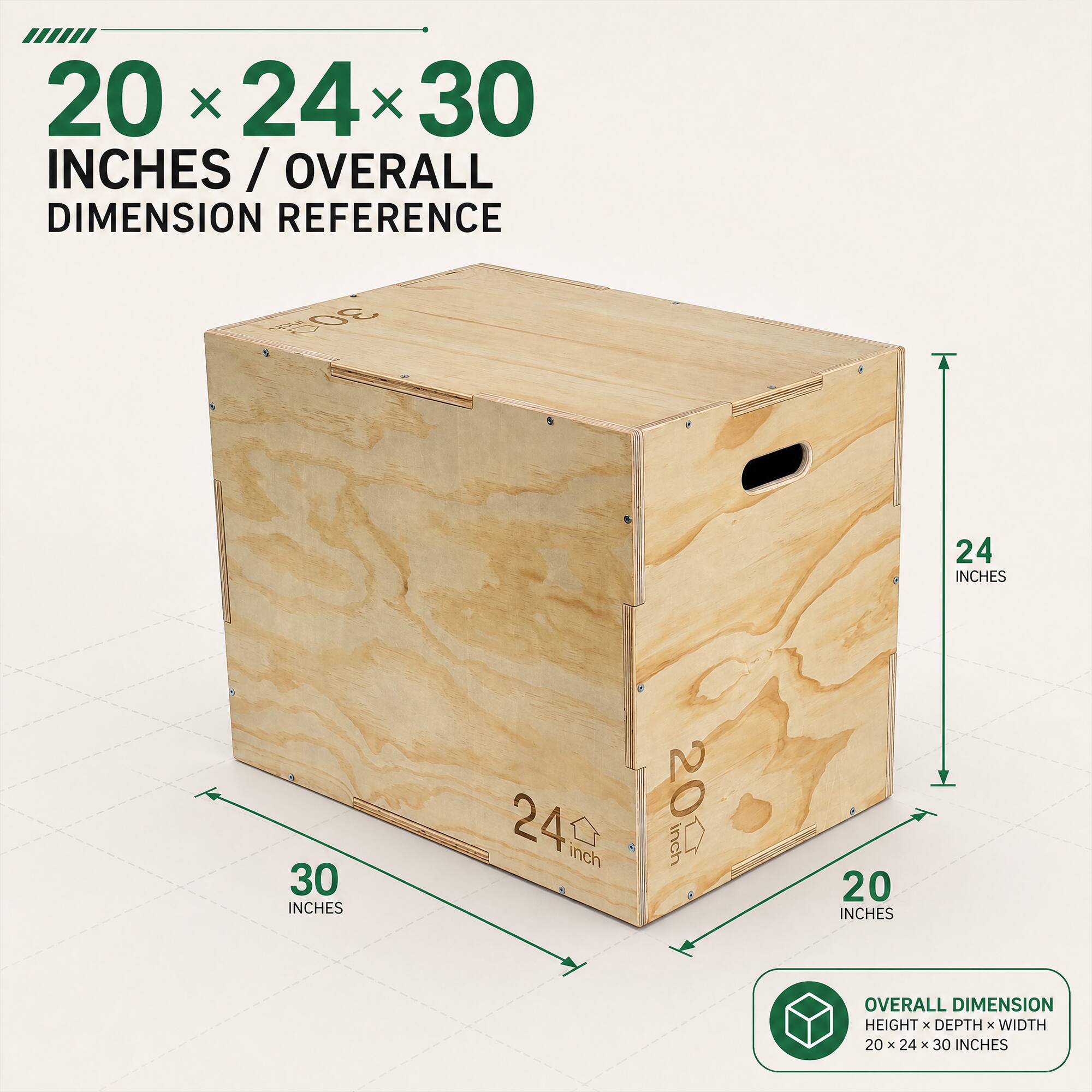 20 x 24 x 30 INCHES / OVERALL DIMENSION REFERENCE

20 INCHES
24 INCHES
30 INCHES

OVERALL DIMENSION
HEIGHT x DEPTH x WIDTH
20 x 24 x 30 INCHES
