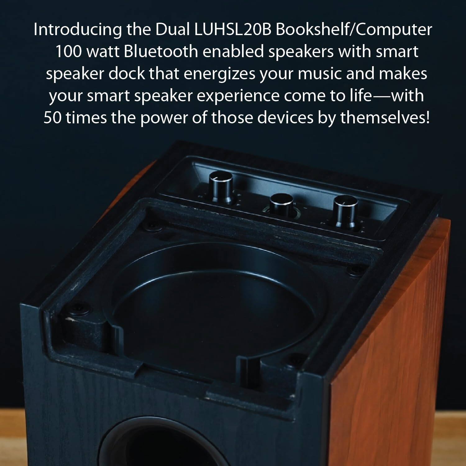 Introducing the Dual LUHSL20B Bookshelf/Computer 100 watt Bluetooth enabled speakers with smart speaker dock that energizes your music and makes your smart speaker experience come to life—with 50 times the power of those devices by themselves!