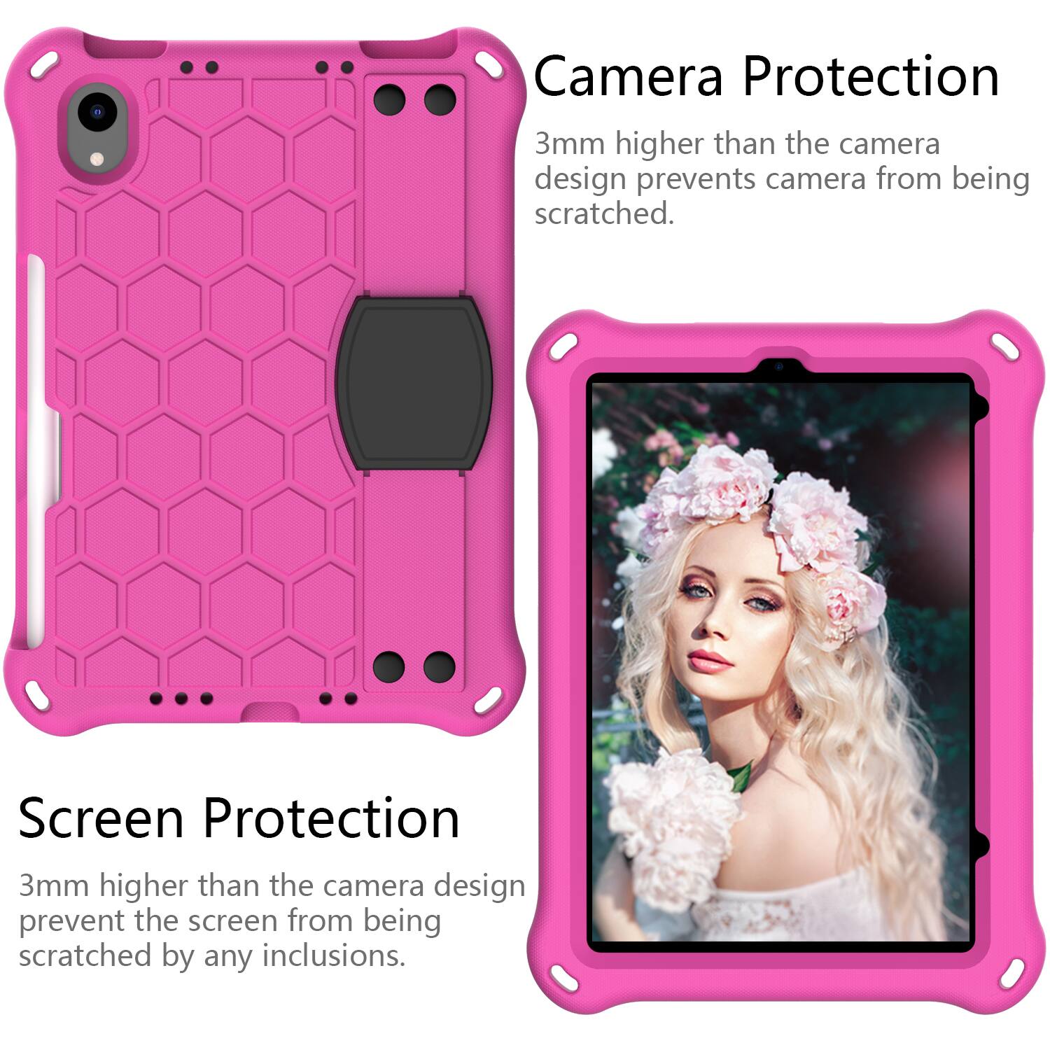 Camera Protection  
3mm higher than the camera design prevents camera from being scratched.  

Screen Protection  
3mm higher than the camera design prevent the screen from being scratched by any inclusions.