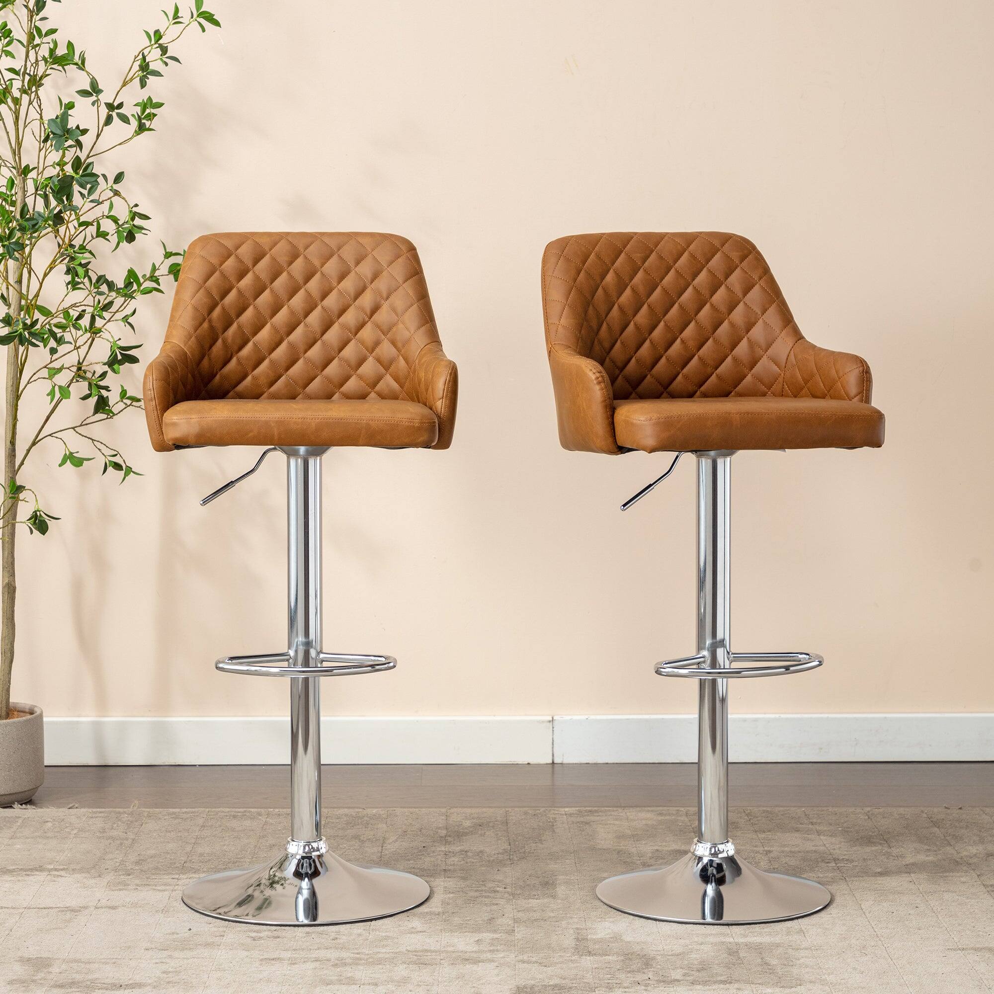 Front. Vecelo - Set of 2 PU Leather Bar Stools - Adjustable Height Seats, 330lb Capacity, 360° Rotation - Brown.