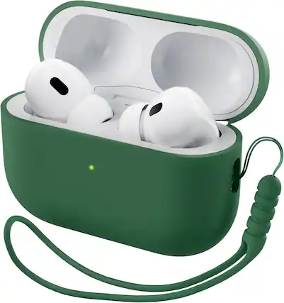 Front. Ornarto - ORNARTO for AirPods Pro 2 Case (2022), Protective Liquid Silicone Cover with Lanyard, Front LED Visible Case-Green - Green.