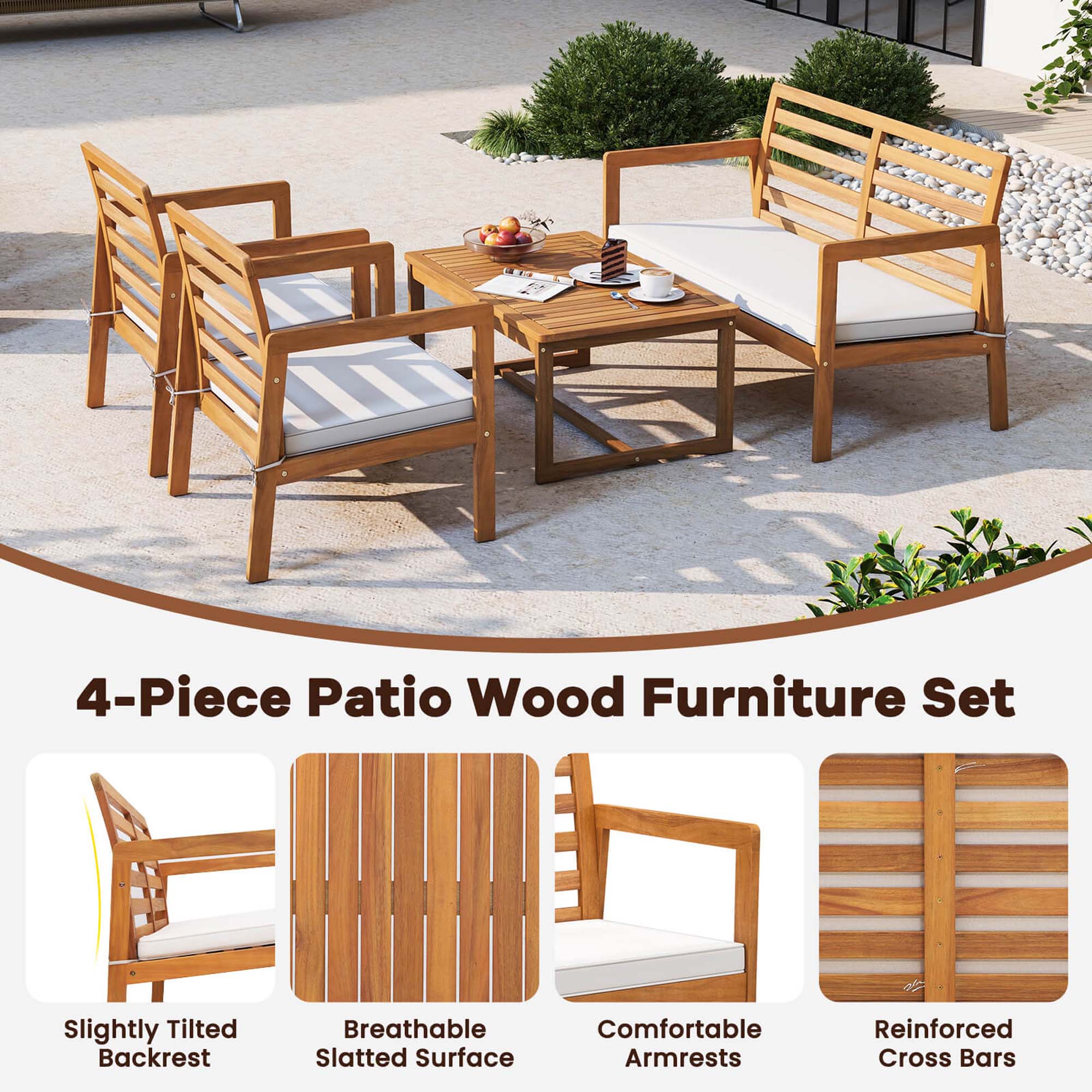 The text on the image is grouped and corrected as follows:

"4-Piece Patio Wood Furniture Set: Slightly Tilted Backrest, Breathable Slatted Surface, Comfortable Armrests, Reinforced Cross Bars."