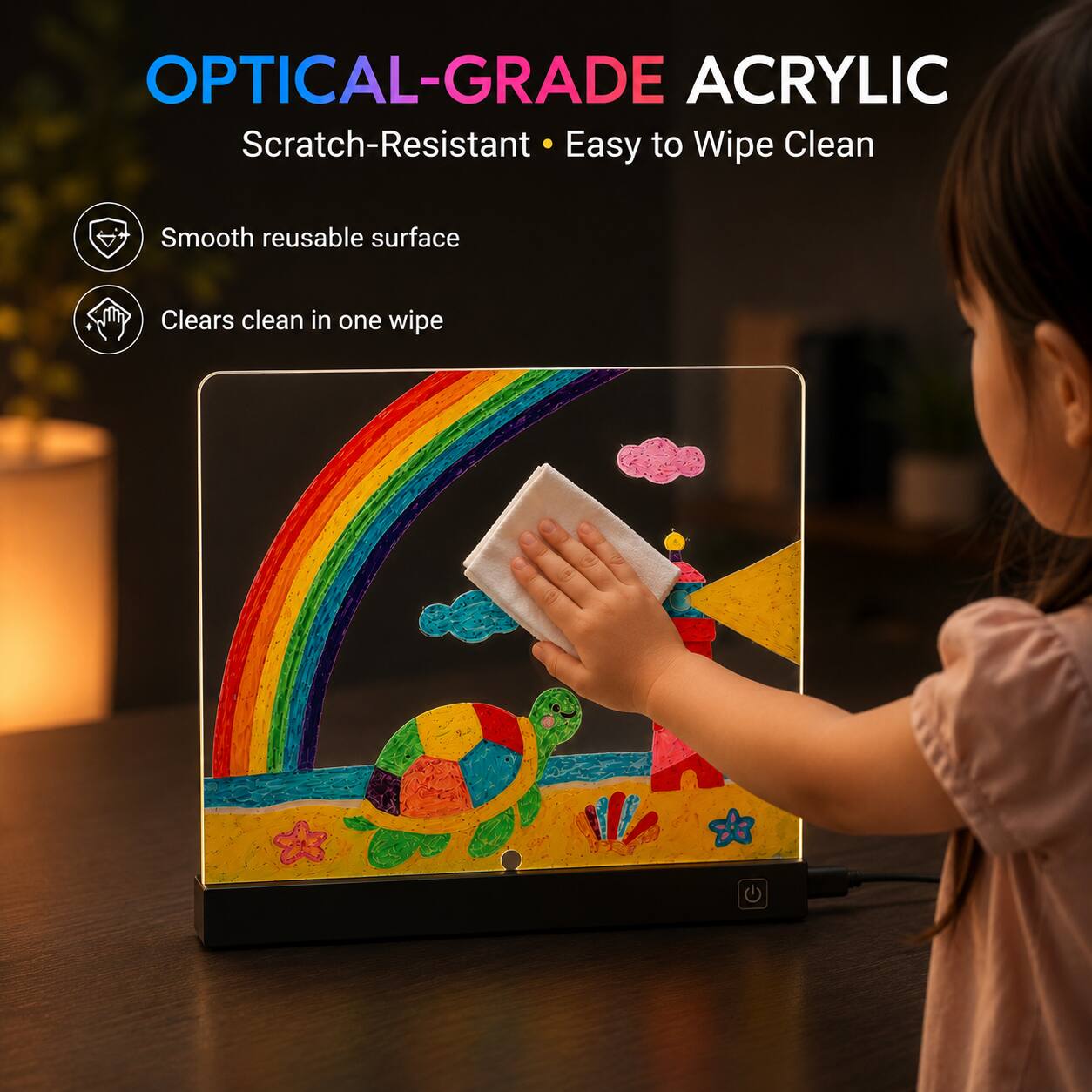 OPTICAL-GRADE ACRYLIC  
Scratch-Resistant • Easy to Wipe Clean  
Smooth reusable surface  
Clears clean in one wipe