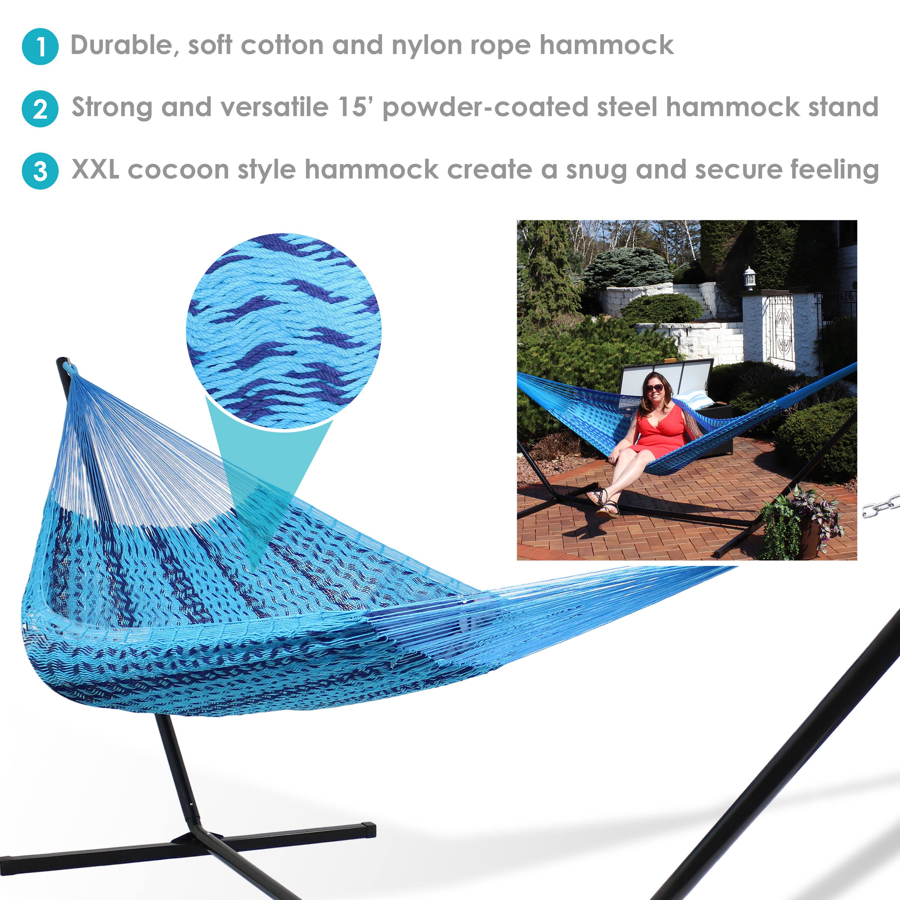 1. Durable, soft cotton and nylon rope hammock  
2. Strong and versatile 15' powder-coated steel hammock stand  
3. XXL cocoon style hammock creates a snug and secure feeling