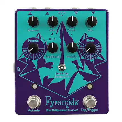 R L + 9V R L I Manual Rate UNNE Width Mix NIP I P Presets Mode Classic Rndm Live TZ Step 1 Feedback BPU BPD TrigD 2 3 Modify Trig EXP Rate & Tap Slow | Normal | Fast Pyramids Activate EarthQuakerDevices Tap/Trigger