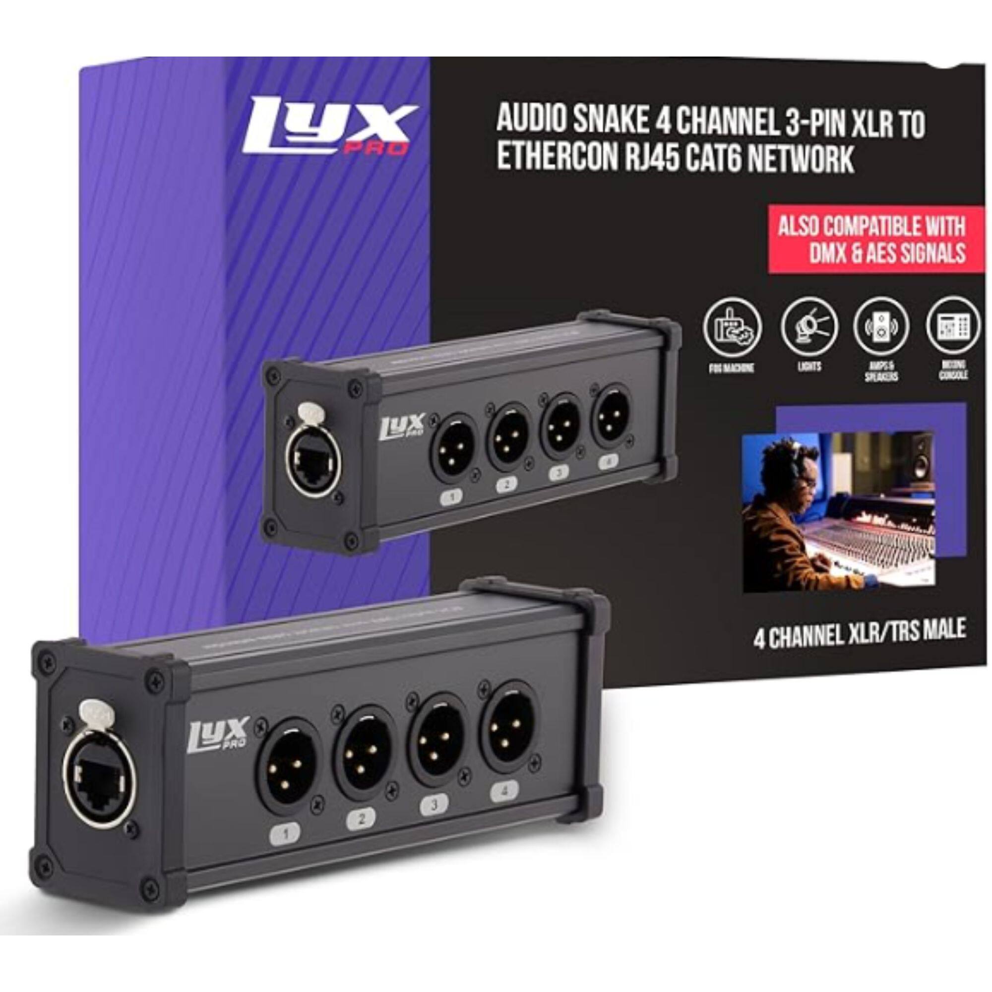 LYX AUDIO SNAKE 4 CHANNEL 3-PIN XLR TO ETHERCON RJ45 CAT6 NETWORK ALSO COMPATIBLE WITH DMX & AES SIGNALS. FEED MACHINES - LIGHTS - MIPS - NOISE CORRECTION. LUX PRO 1 2 3 4 CHANNEL XLR/TRS MALE.