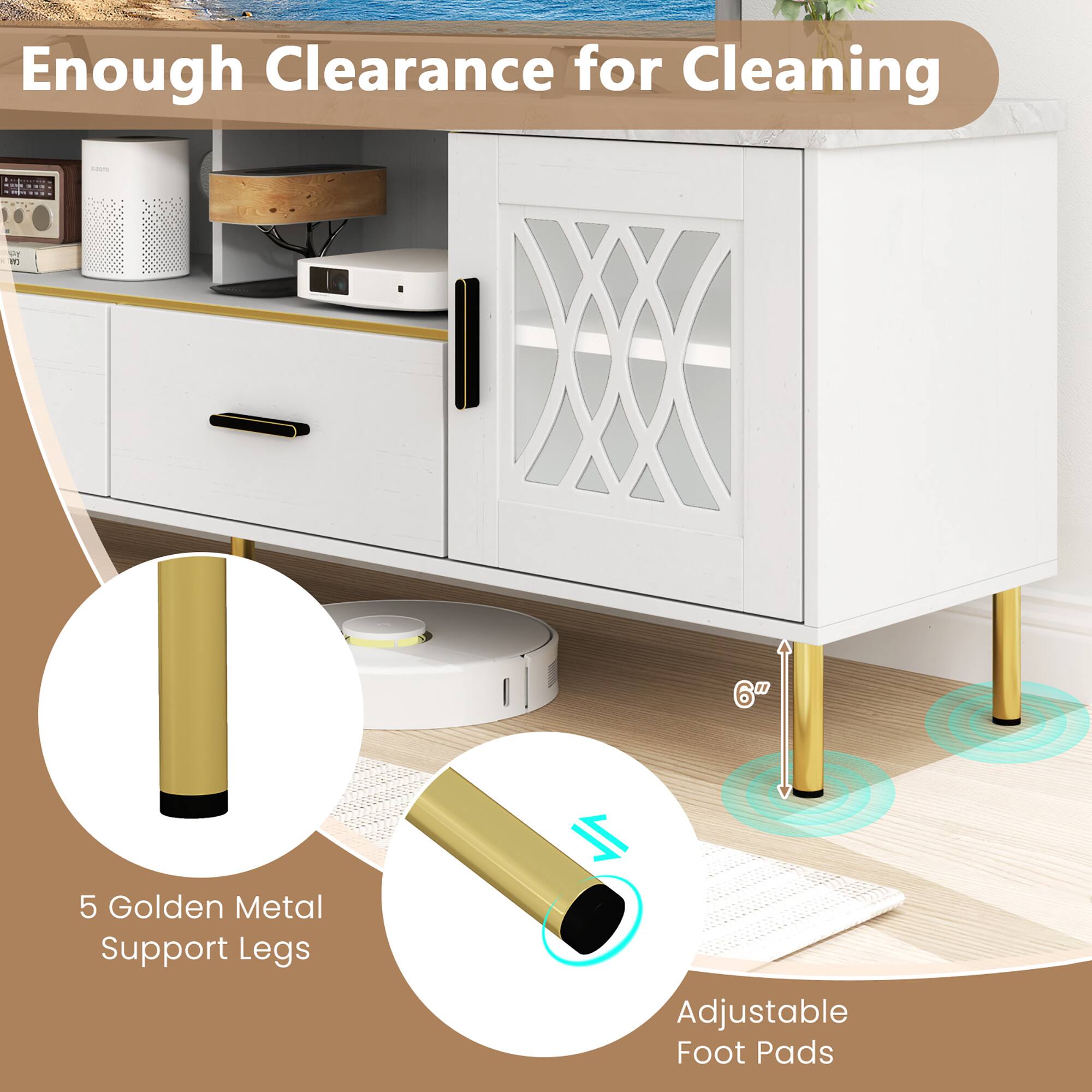 Enough Clearance for Cleaning, 5 Golden Metal Support Legs, Adjustable Foot Pads