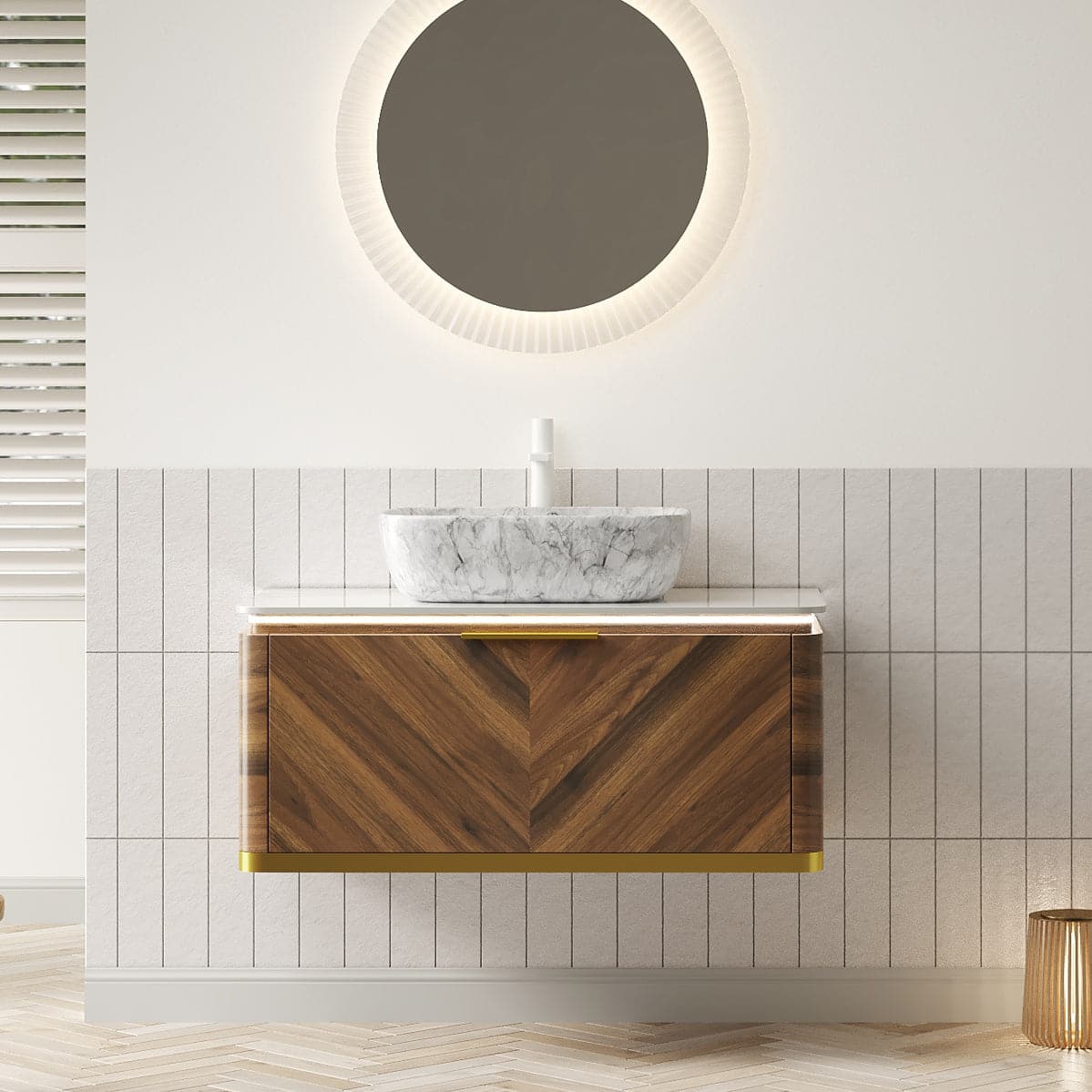 Boyel Living - 36 Bathroom Vanity with Marble Pattern Rectangle Ceramic Vessel Basin Sintered Stone Dark Walnut - Carrara White,Dark Walnut,Stone White