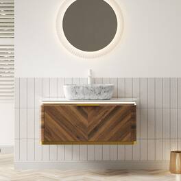 Boyel Living - 36 Bathroom Vanity with Marble Pattern Rectangle Ceramic Vessel Basin Sintered Stone Dark Walnut - Carrara White,Dark Walnut,Stone White