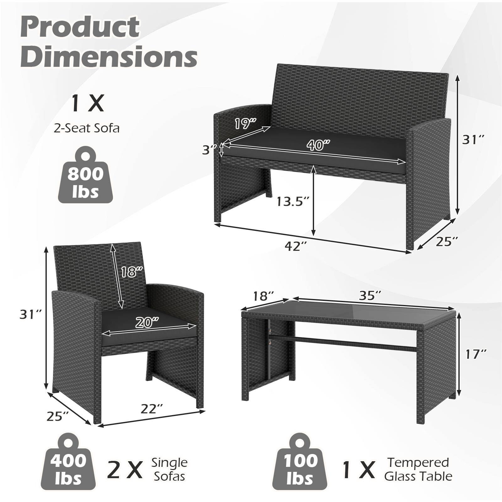 Product Dimensions

1 X 2-Seat Sofa  
800 lbs  
Dimensions: 40" W x 31" H x 42" D x 13.5" Seat Height x 19" Armrest Height

2 X Single Sofas  
400 lbs  
Dimensions: 31" W x 25" D x 22" H x 20" Seat Height x 18" Armrest Height

1 X Tempered Glass Table  
100 lbs  
Dimensions: 35" W x 17" H x 18" D