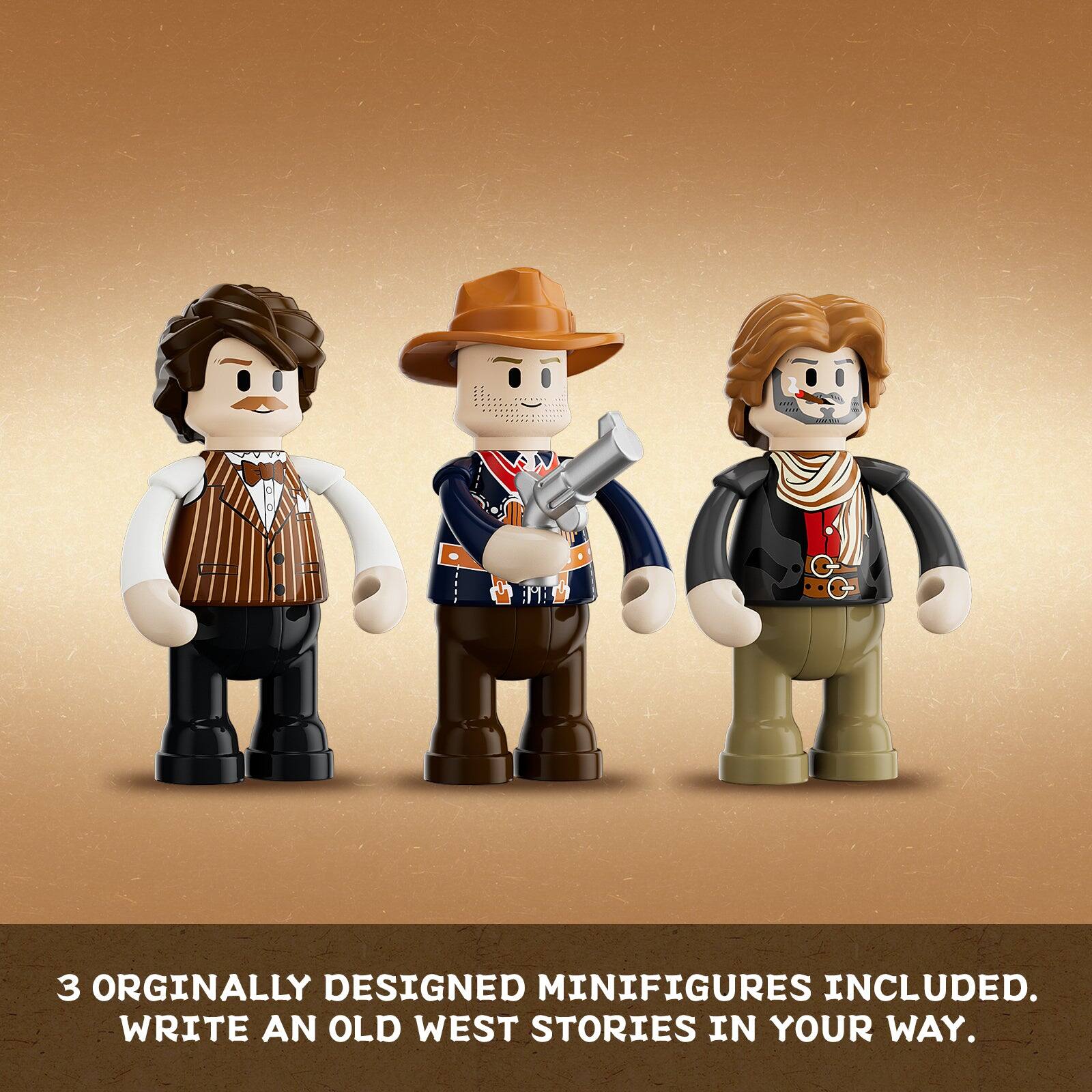 3 originally designed minifigures included. Write an old west stories in your way.