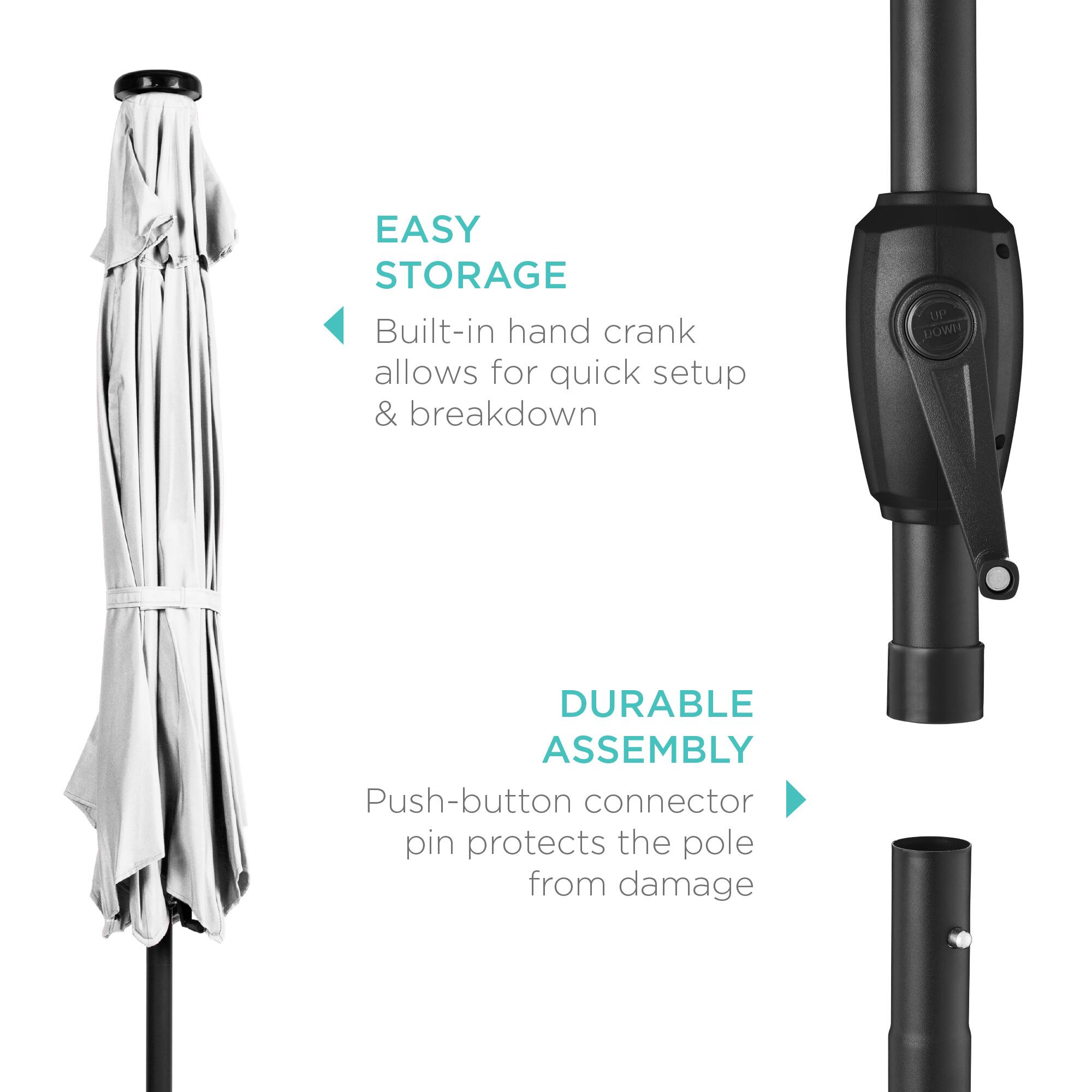 EASY STORAGE: Built-in hand crank allows for quick setup & breakdown.

DURABLE ASSEMBLY: Push-button connector pin protects the pole from damage.