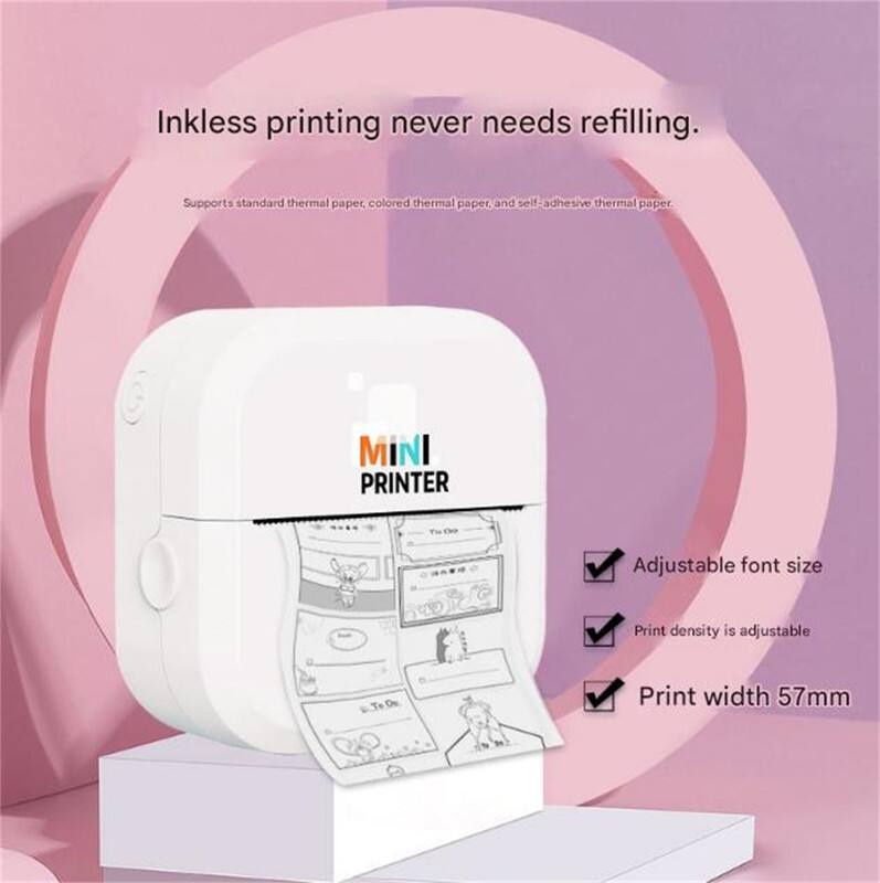 Inkless printing never needs refilling.  
Supports standard thermal paper, colored thermal paper, and self-adhesive thermal paper.  

MINI PRINTER  
- Adjustable font size  
- Print density is adjustable  
- Print width 57mm
