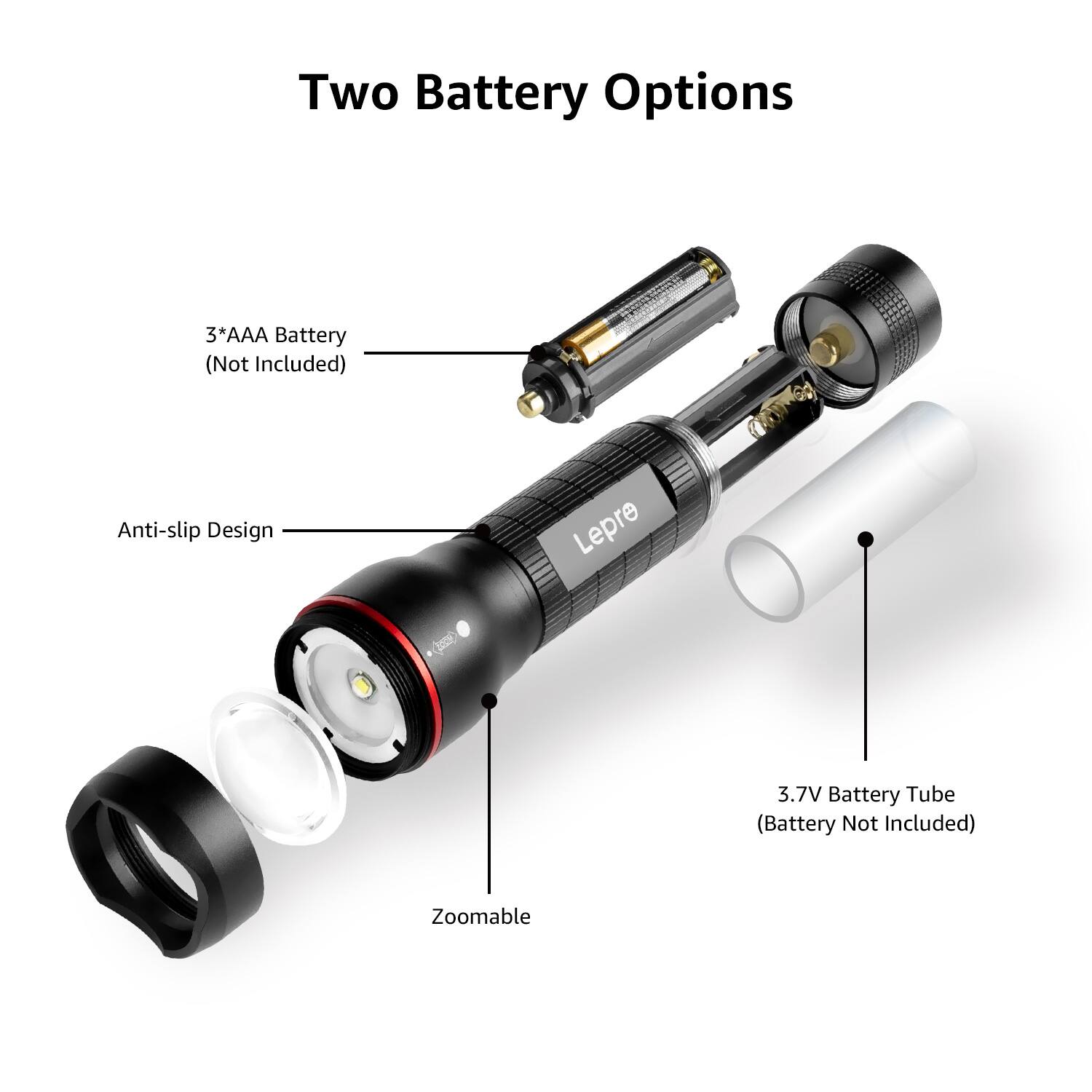Two Battery Options

- 3*AAA Battery (Not Included)
- 3.7V Battery Tube (Battery Not Included)

Anti-slip Design

Zoomable