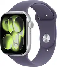 Front. Apple - Apple Watch Series 11 (GPS+Cellular) 46mm Aluminum Case with Purple Fog Sport Band - M/L - Silver.