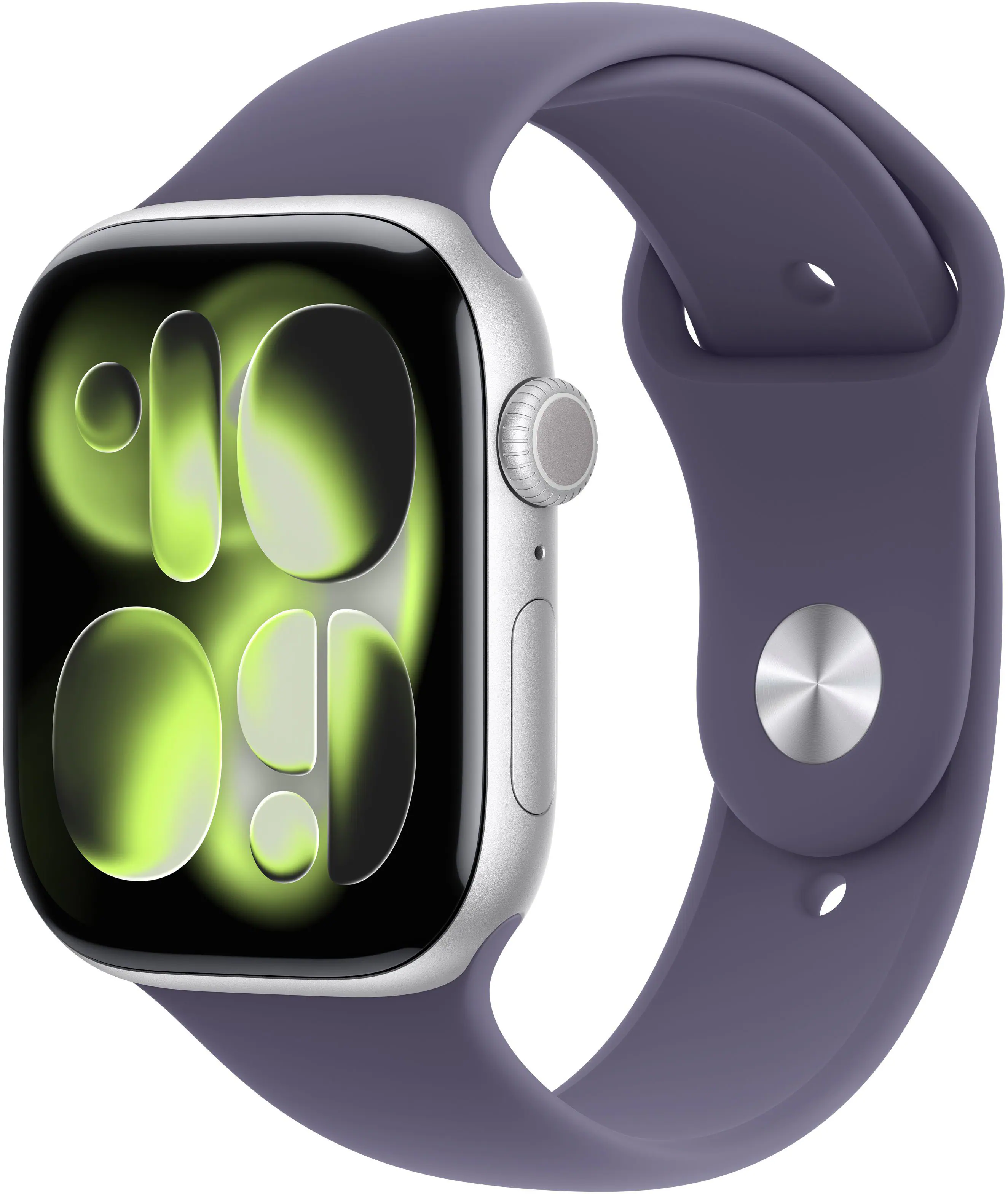 Front. Apple - Apple Watch Series 11 (GPS+Cellular) 46mm Aluminum Case with Purple Fog Sport Band - M/L - Silver.