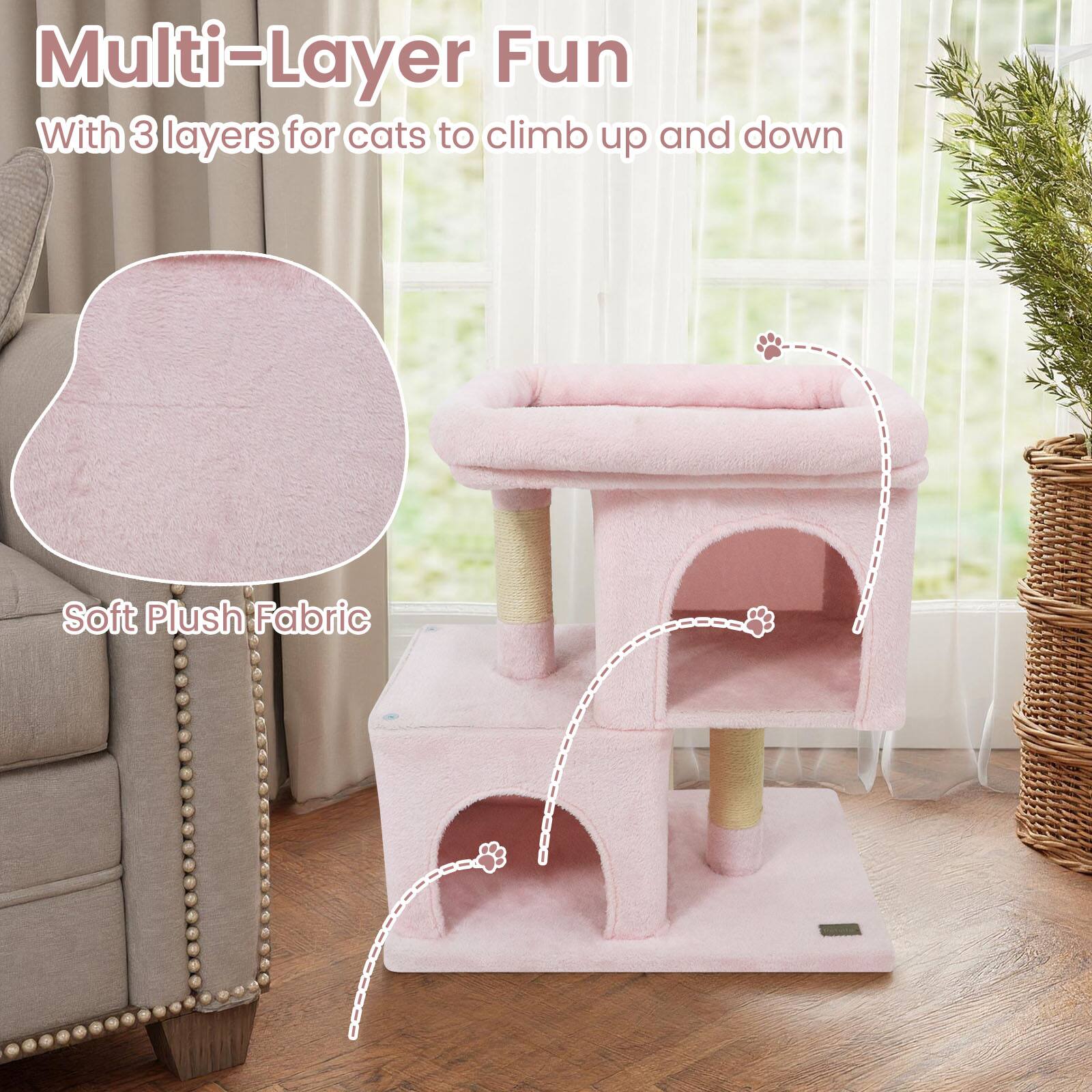 Multi-Layer Fun  
With 3 layers for cats to climb up and down  

Soft Plush Fabric