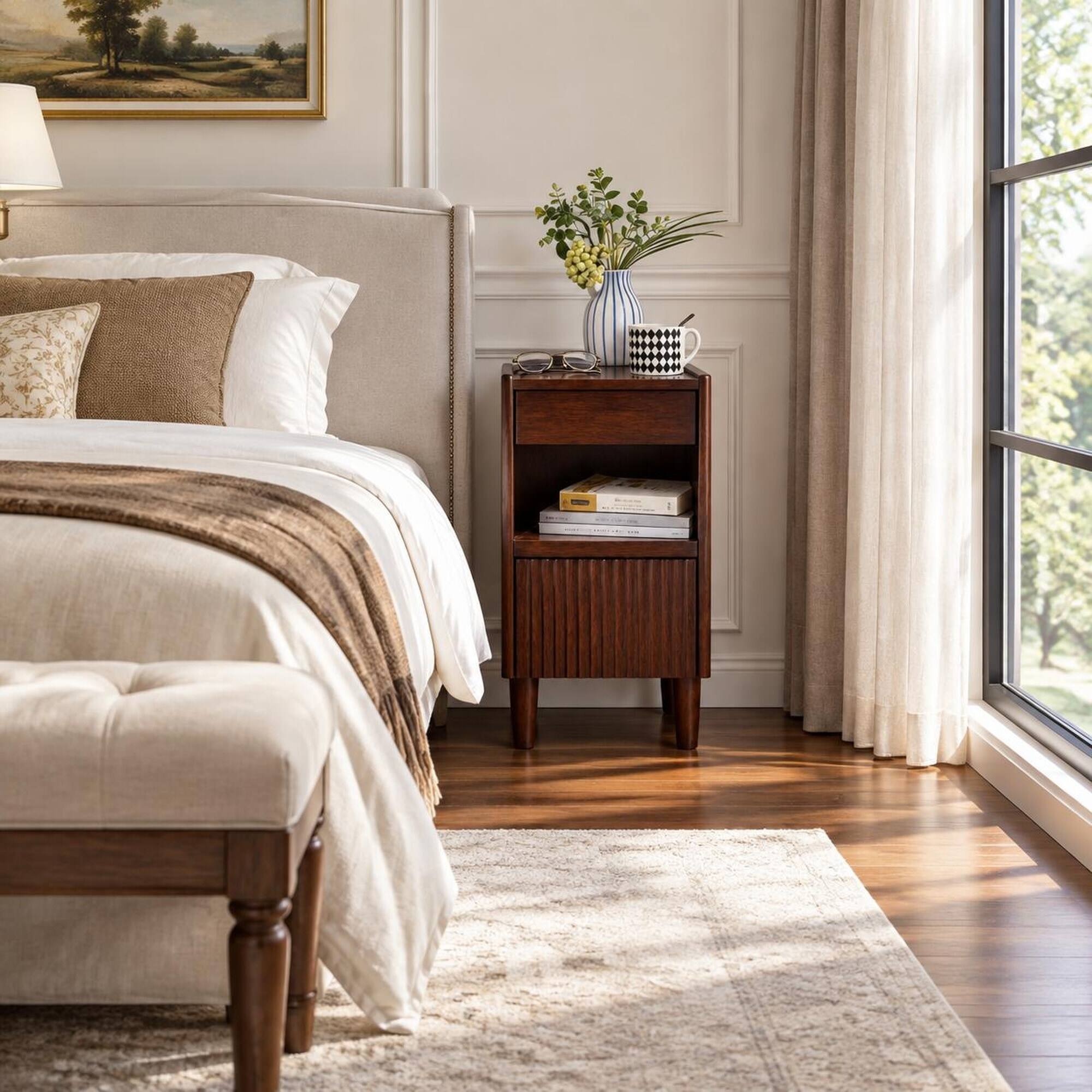 Angle. RYHNUYNE - Wooden Bedside Table, 1 Drawer, Open Shelves, Solid Rubber Wood, Narrow Nightstand - Walnut.