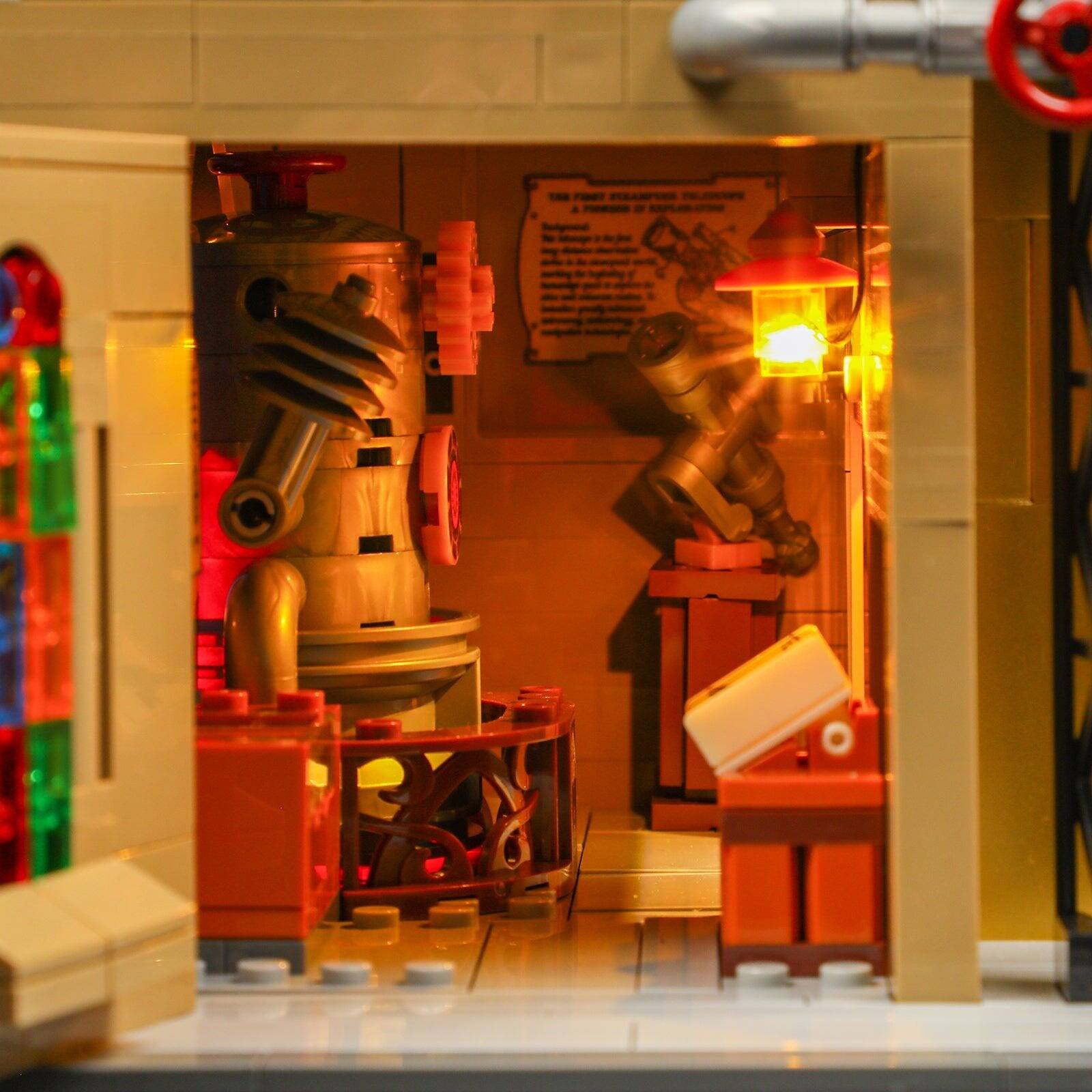 Alt View 7. Lumibricks - Steampunk Astronomy Tower Building Kit, 2744 Pieces, LED Lights, Movable Gears and Telescope, Ages 16+.